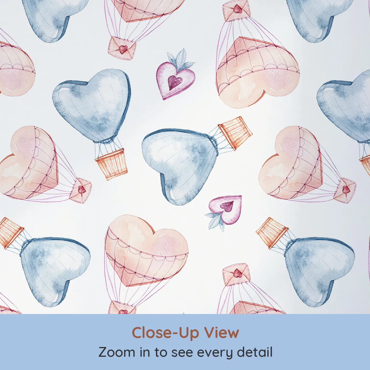 Close-up view of Whimsy Tots' Heart Balloon Adventure Wallpaper (W3238).Heart-shaped balloons and envelopes drift through peaceful watercolor skies.