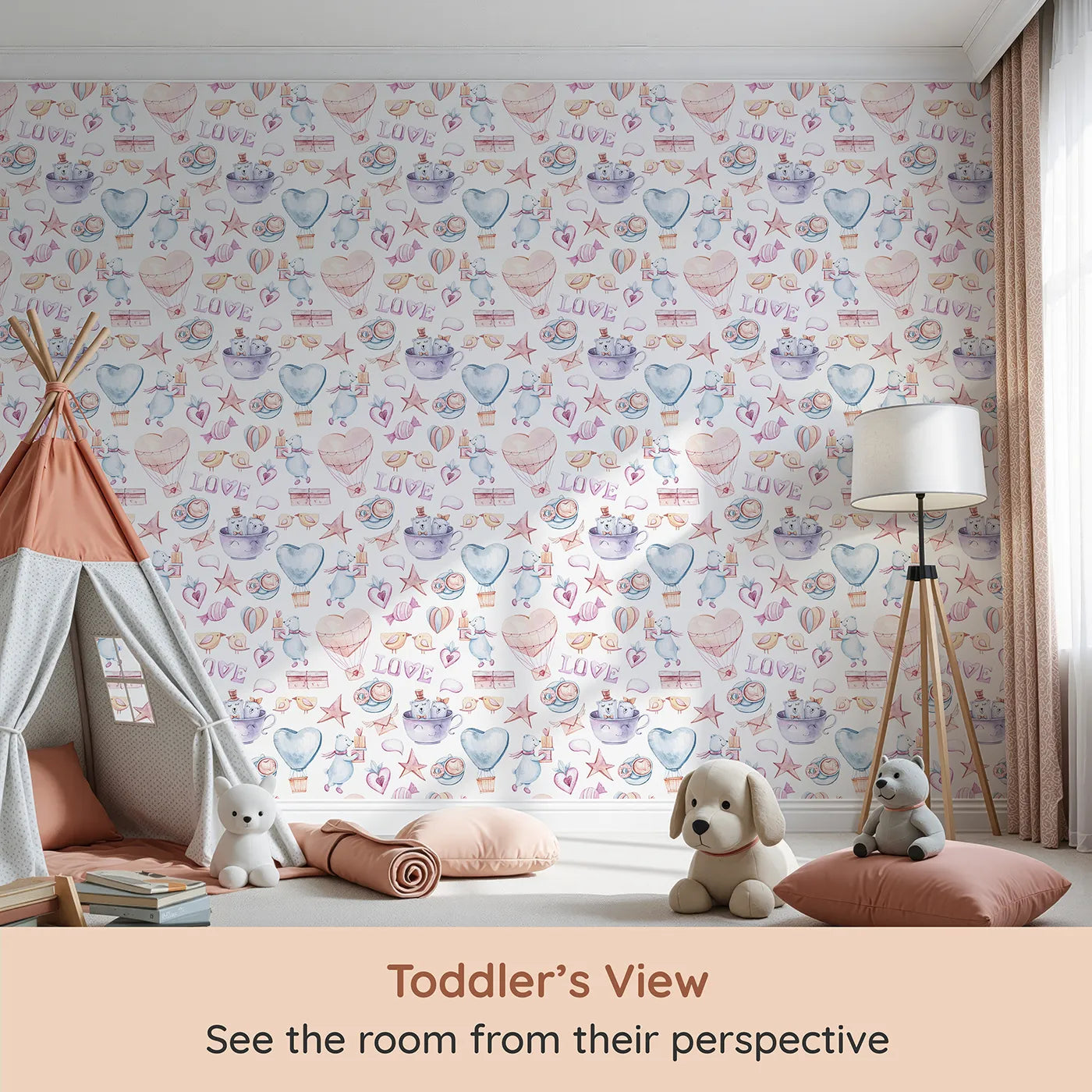 Whimsy Tots Sweetheart Cafe and Cloudy Bears Wallpaper (W3239) from your child's view.Bears, pastries, stars, and balloons float through a cozy dreamscape.