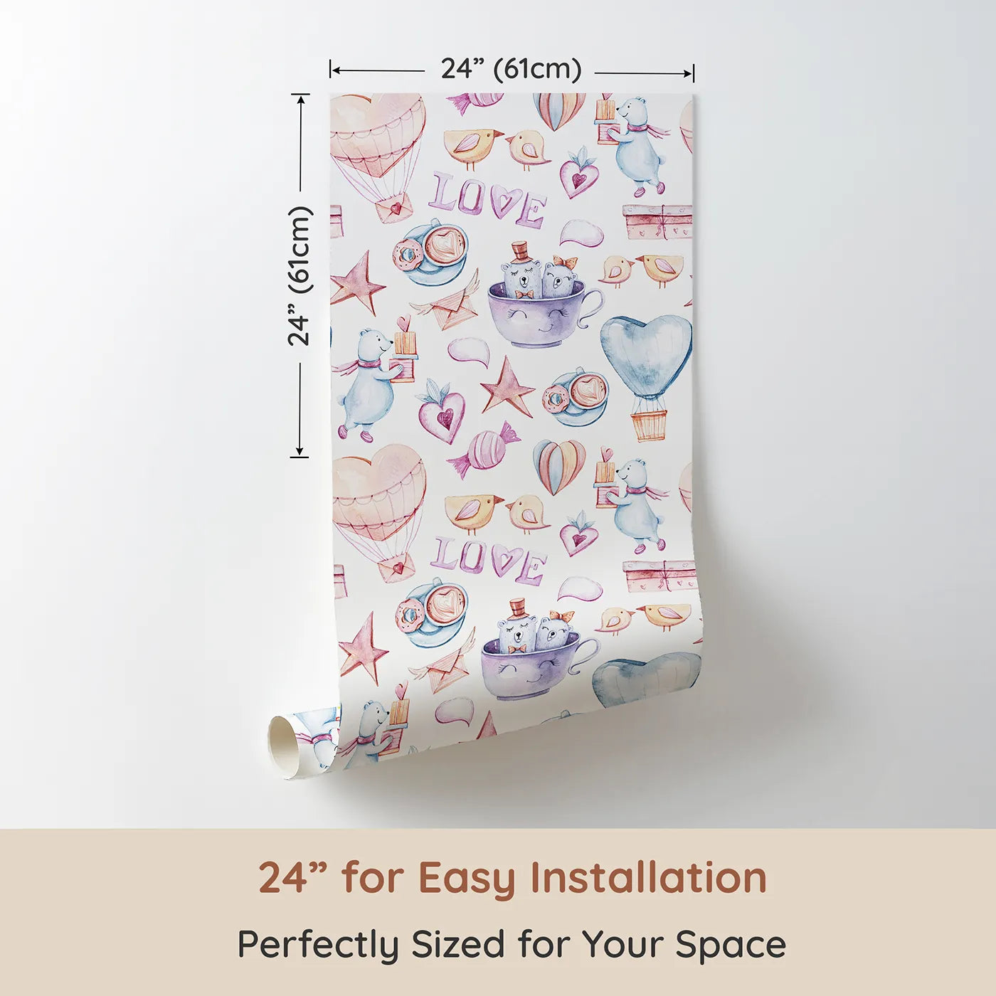 Dimension view of Whimsy Tots Sweetheart Cafe and Cloudy Bears Wallpaper (W3239). Printed in 24-inch-wide panel for easy installation. Bears, pastries, stars, and balloons float through a cozy dreamscape.