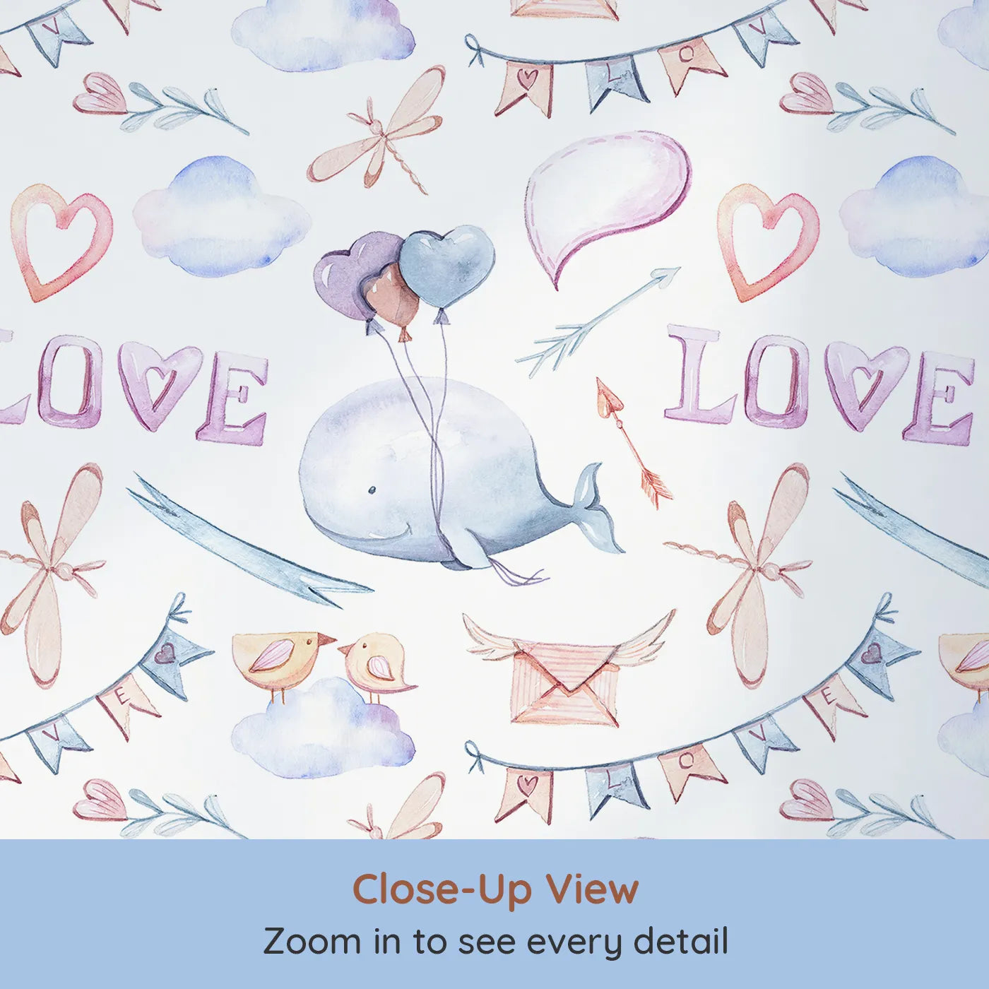 Close-up view of Whimsy Tots' Love in the Sky Wallpaper (W3240).Whales, dragonflies, and love notes drift gently through the clouds.