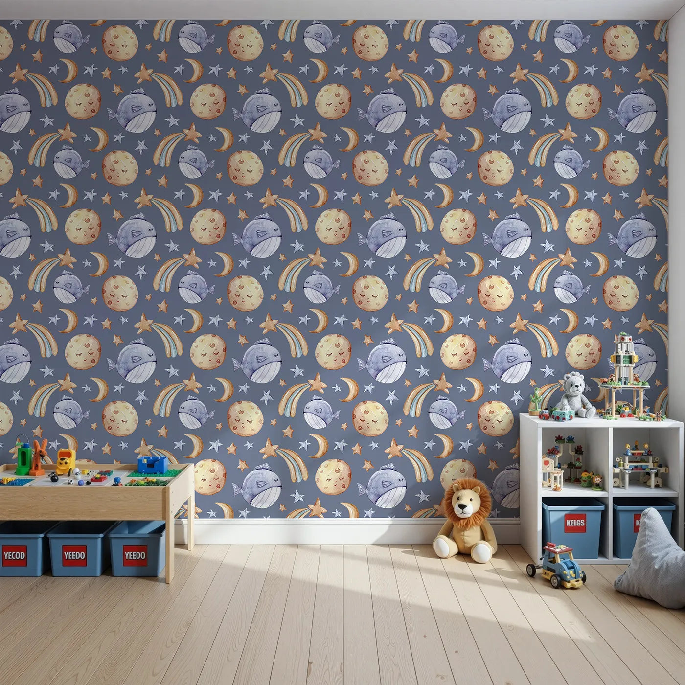 Front view of Whimsy Tots' Starry Whale Drift Wallpaper in Indigo