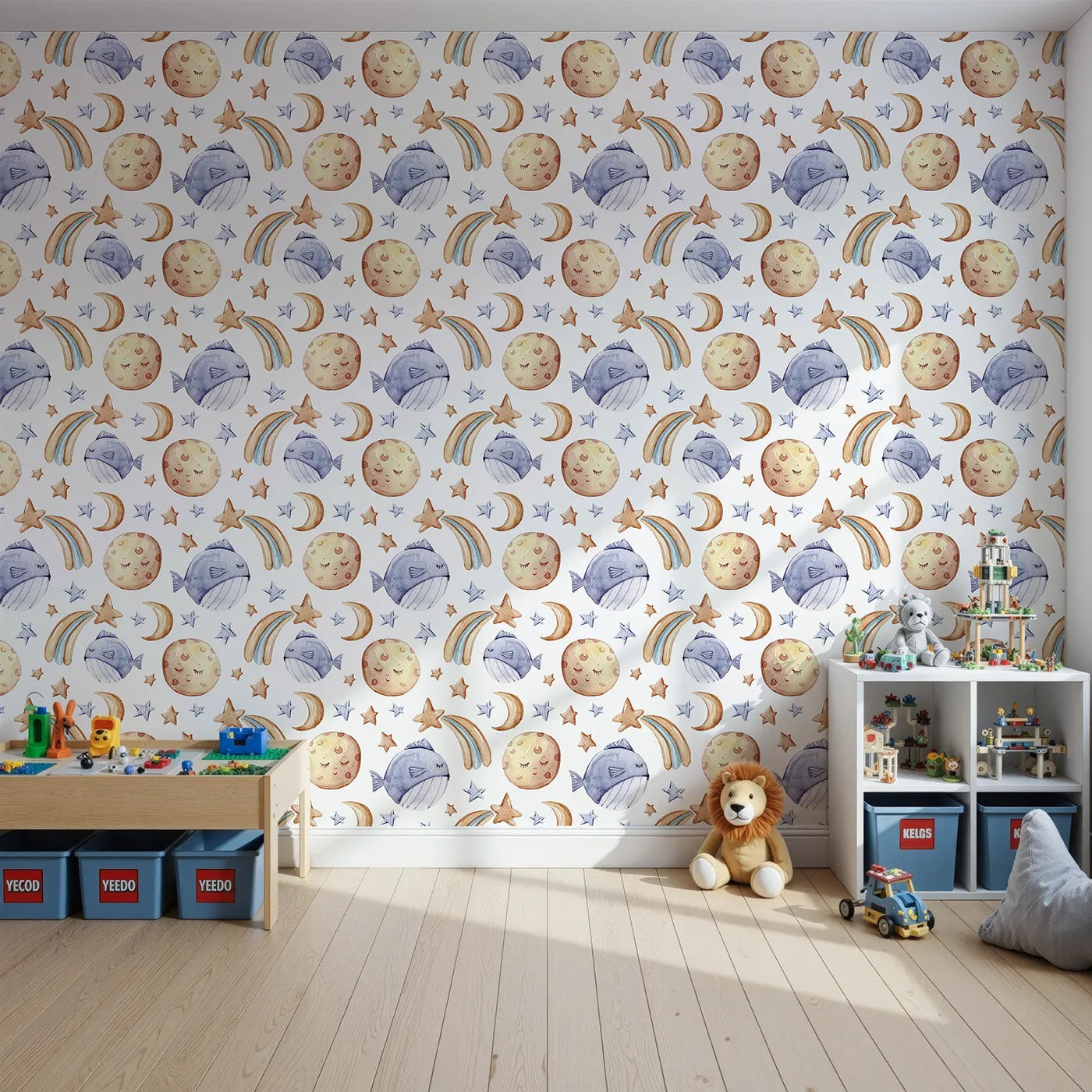 Front view of Whimsy Tots' Starry Whale Drift Wallpaper in White