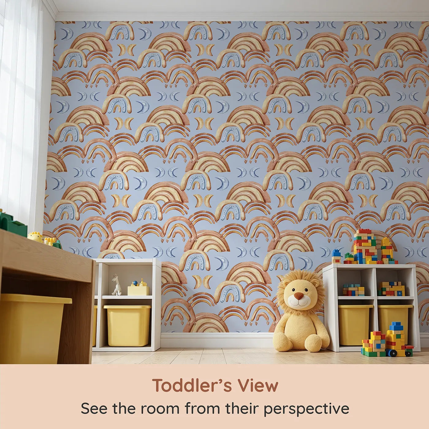 Whimsy Tots Rainbow Moondance Wallpaper in Blue (W3242A) from your child's view.Soothing arcs and soft celestial shapes wrap their world in wonder.