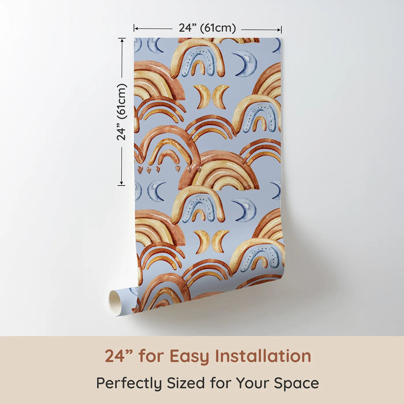 Dimension view of Whimsy Tots Rainbow Moondance Wallpaper in Blue (W3242A). Printed in 24-inch-wide panel for easy installation. Soothing arcs and soft celestial shapes wrap their world in wonder.