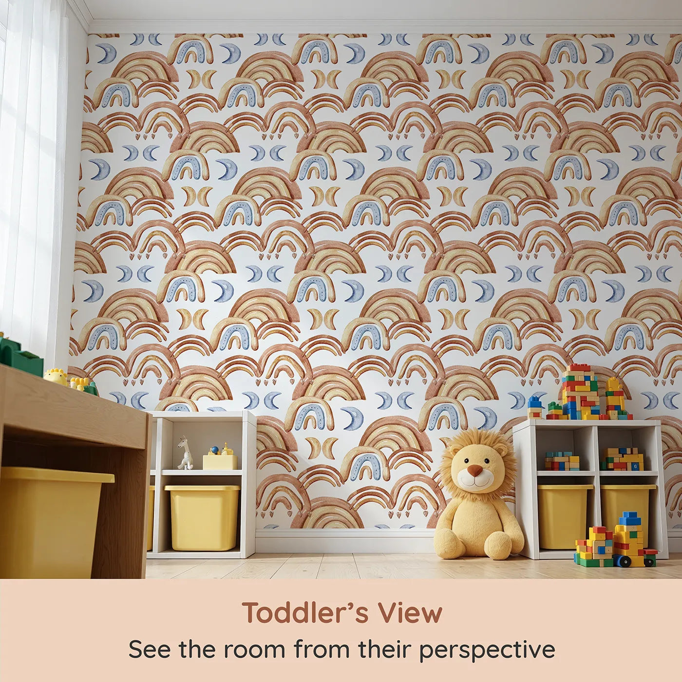 Whimsy Tots Rainbow Moondance Wallpaper in White (W3242B) from your child's view.Warm arcs and soft moons make every wall feel hugged by magic.