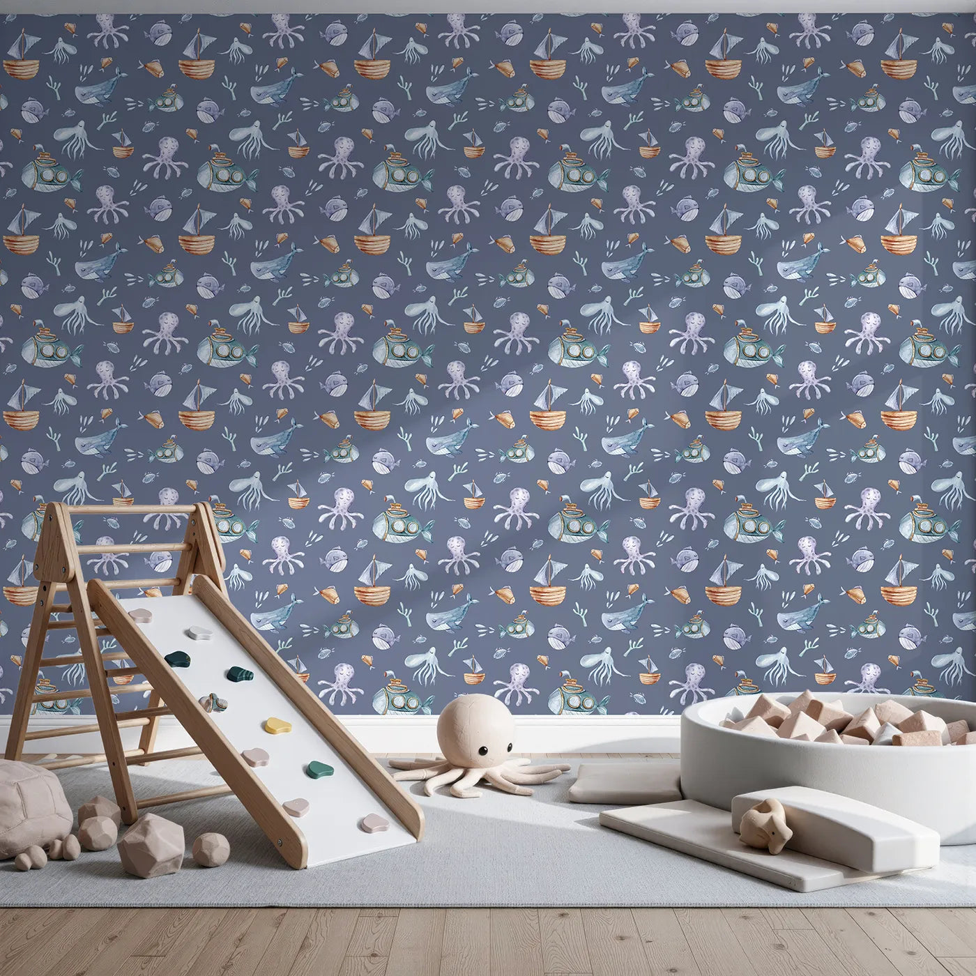 Front view of Whimsy Tots' Undersea Slumber Voyage Wallpaper in Deep Blue