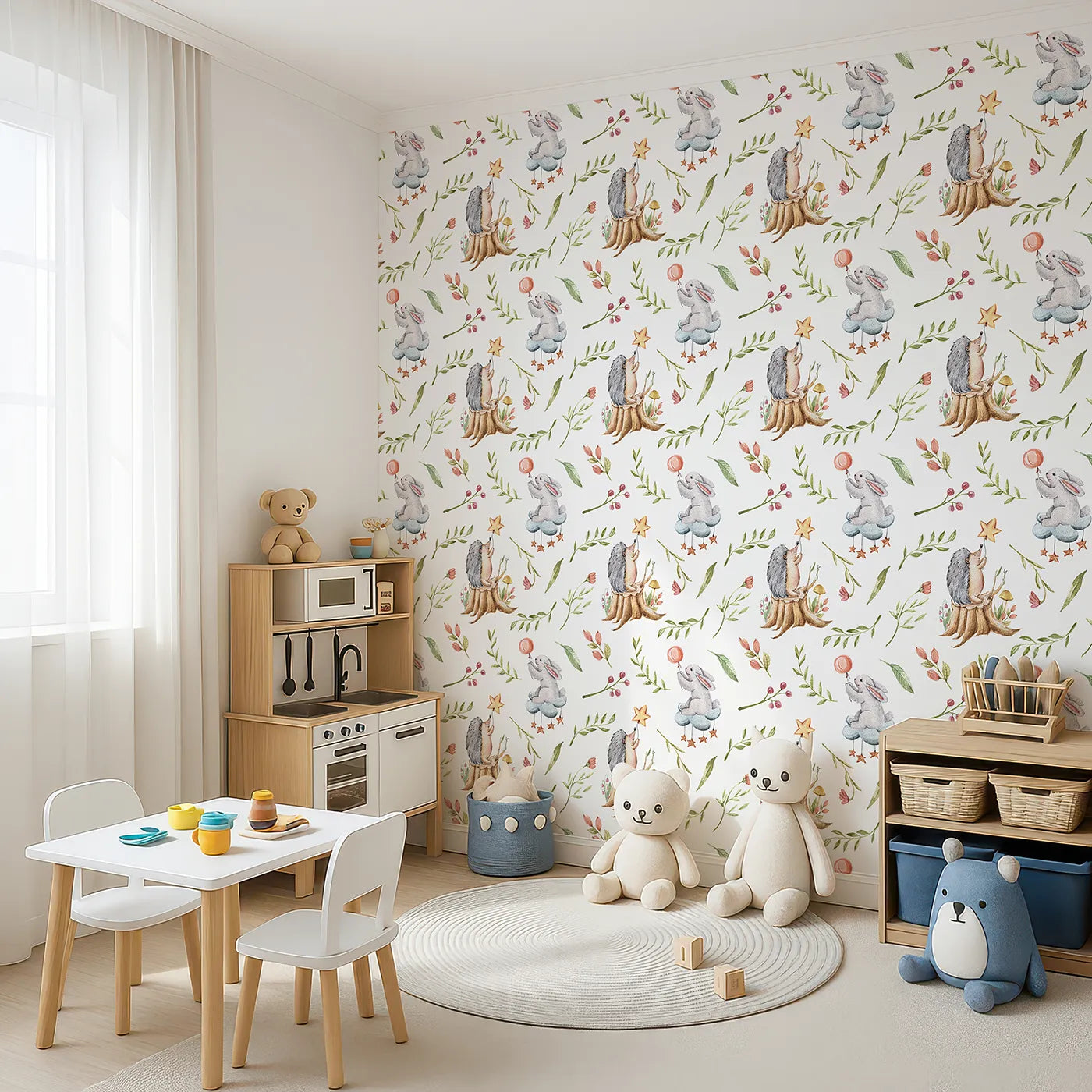 Angled view of Whimsy Tots' Starlight Forest Friends Wallpaper in White (W3245A).Hedgehogs and bunnies reach for stars in a magical forest scene.