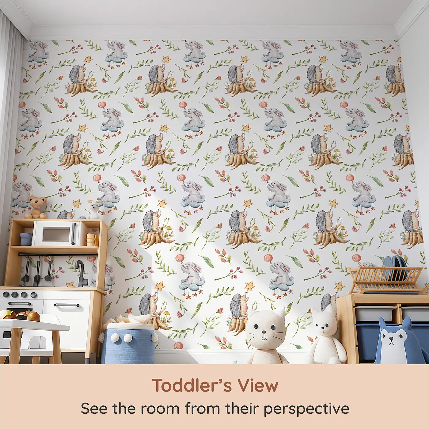Whimsy Tots Starlight Forest Friends Wallpaper in White (W3245A) from your child's view.Hedgehogs and bunnies reach for stars in a magical forest scene.