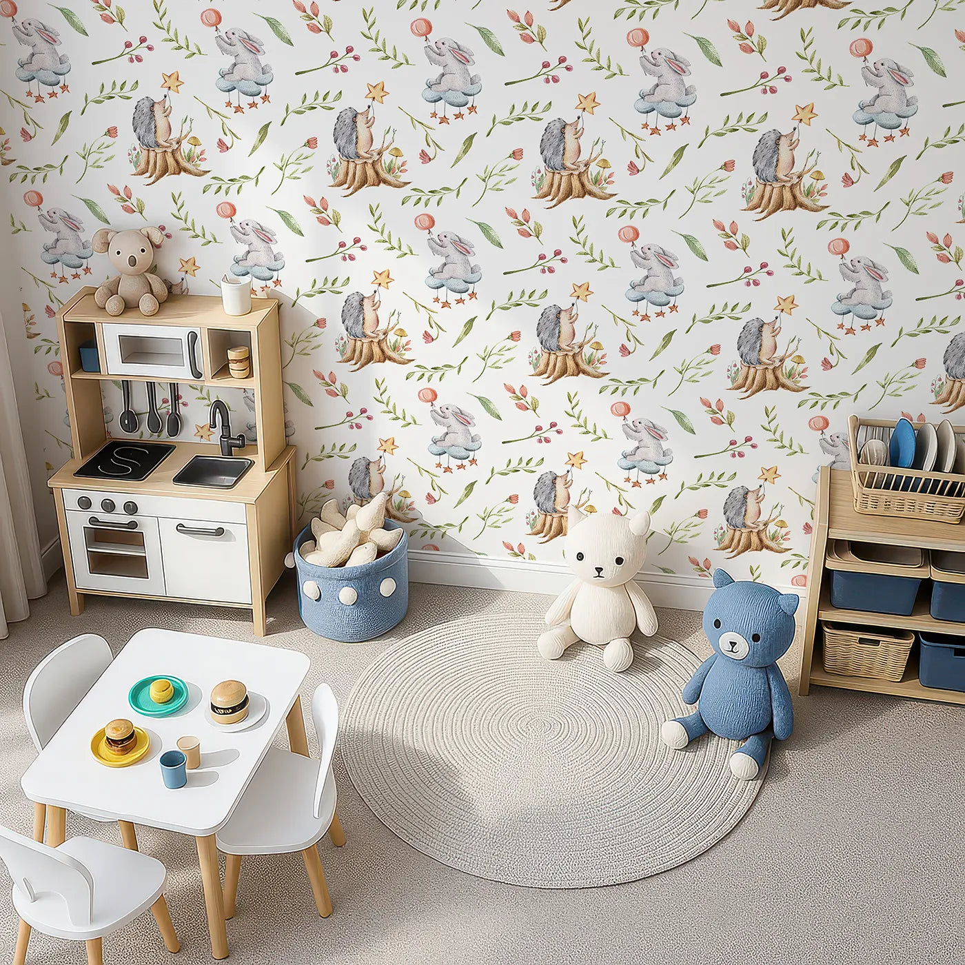 Top-Down view of Whimsy Tots' Starlight Forest Friends Wallpaper in White (W3245A).Hedgehogs and bunnies reach for stars in a magical forest scene.