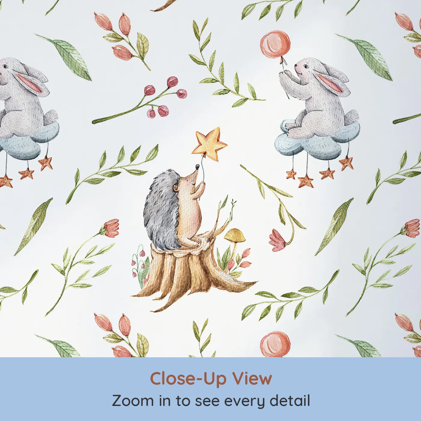 Close-up view of Whimsy Tots' Starlight Forest Friends Wallpaper in White (W3245A).Hedgehogs and bunnies reach for stars in a magical forest scene.