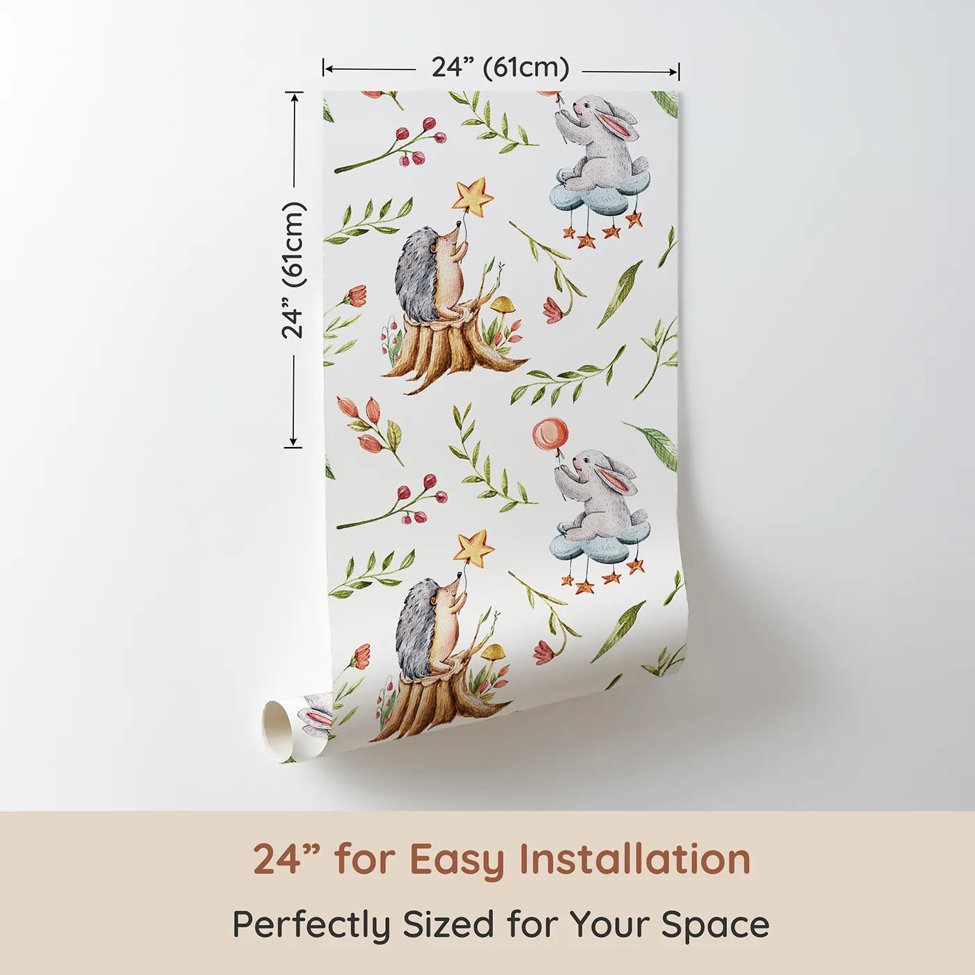 Dimension view of Whimsy Tots Starlight Forest Friends Wallpaper in White (W3245A). Printed in 24-inch-wide panel for easy installation. Hedgehogs and bunnies reach for stars in a magical forest scene.