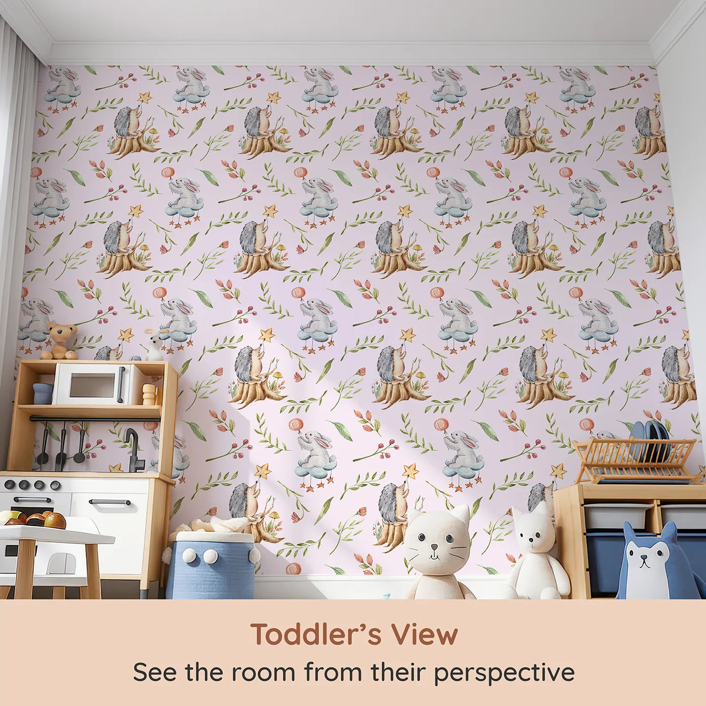 Whimsy Tots Starlight Forest Friends Wallpaper in Cream (W3245B) from your child's view.Hedgehogs and bunnies reach for stars in a magical forest scene.