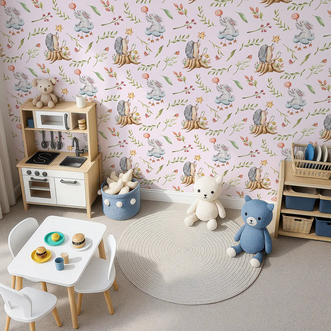 Top-Down view of Whimsy Tots' Starlight Forest Friends Wallpaper in Cream (W3245B).Hedgehogs and bunnies reach for stars in a magical forest scene.