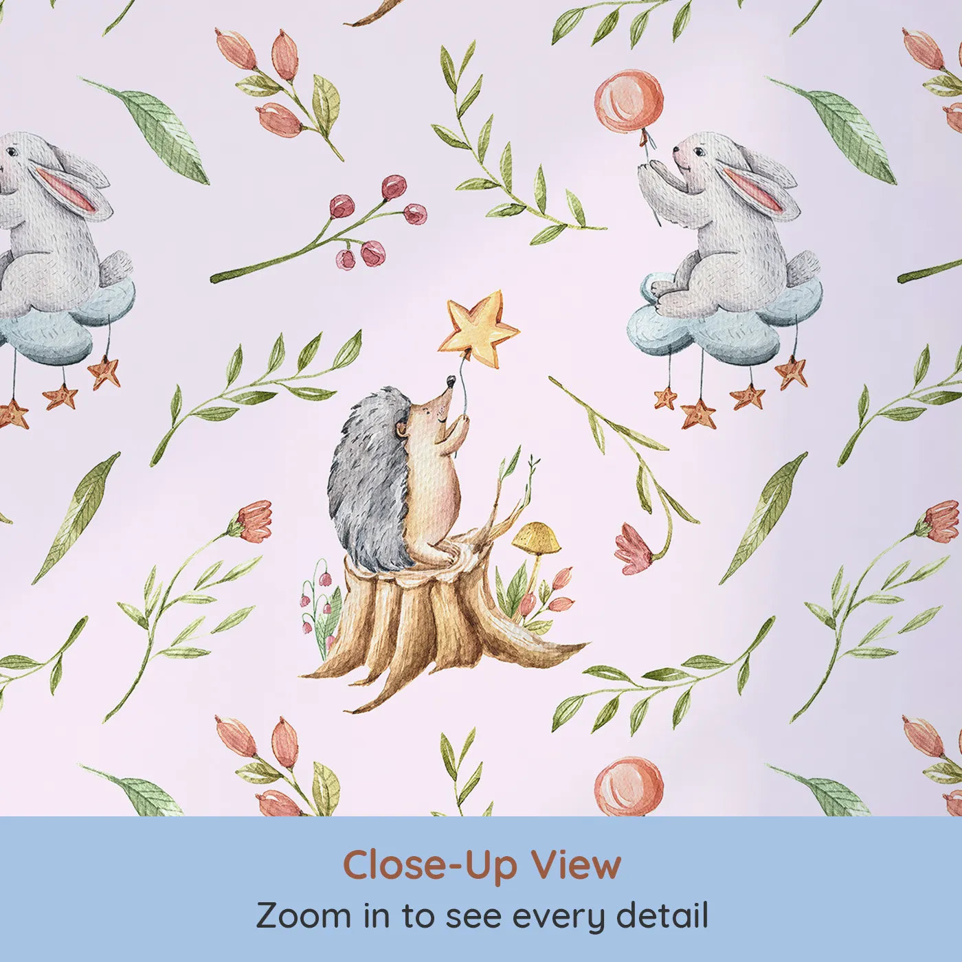 Close-up view of Whimsy Tots' Starlight Forest Friends Wallpaper in Cream (W3245B).Hedgehogs and bunnies reach for stars in a magical forest scene.
