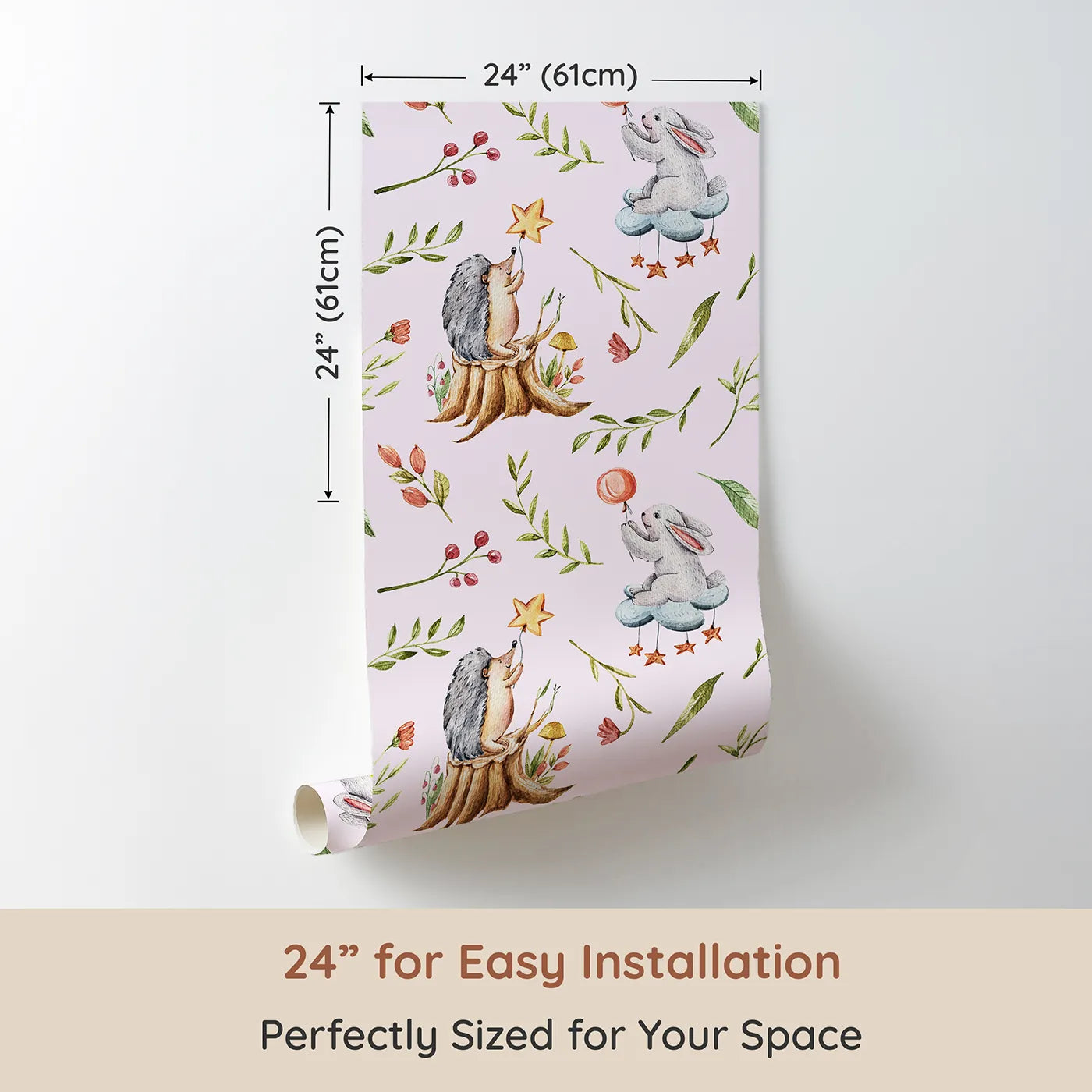 Dimension view of Whimsy Tots Starlight Forest Friends Wallpaper in Cream (W3245B). Printed in 24-inch-wide panel for easy installation. Hedgehogs and bunnies reach for stars in a magical forest scene.