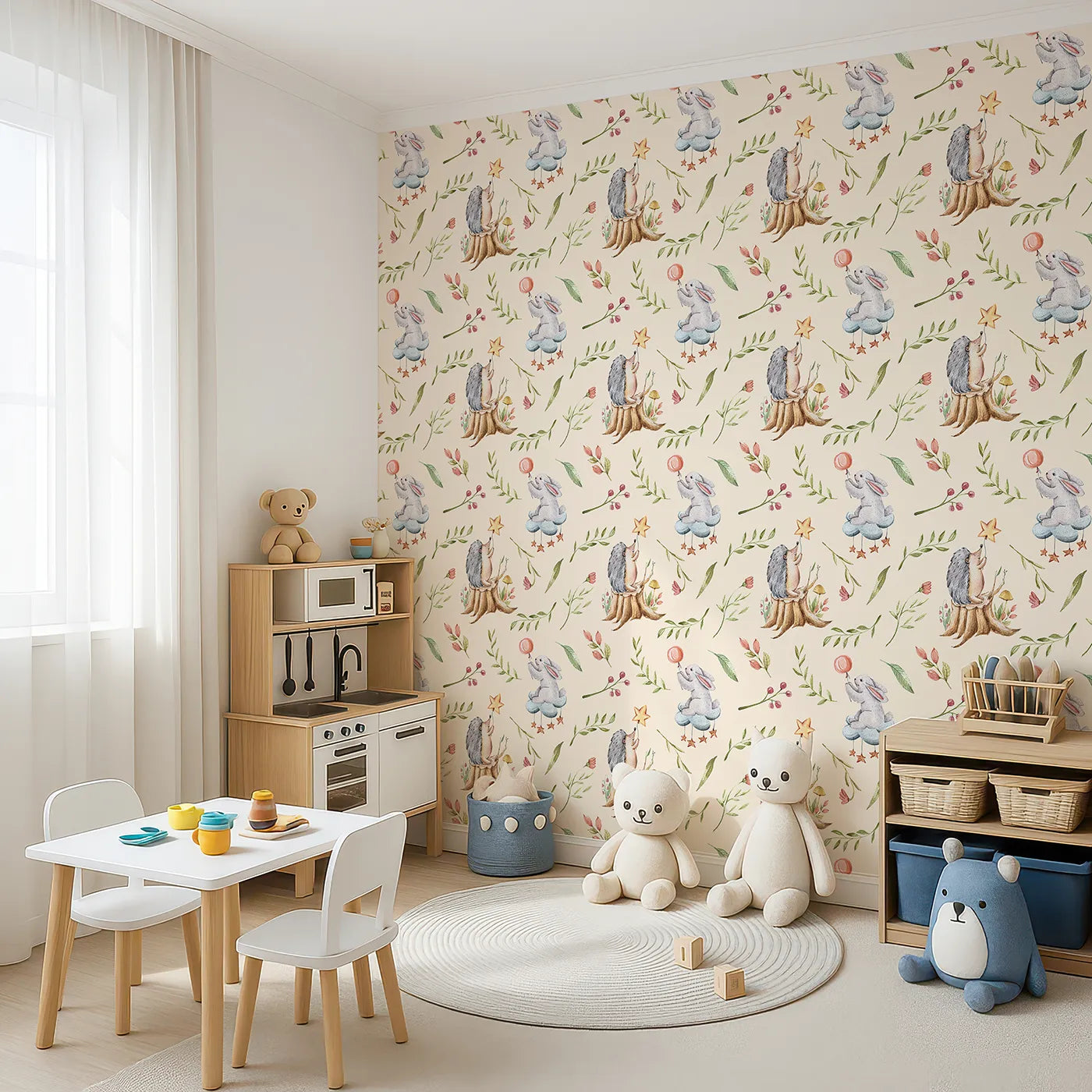 Angled view of Whimsy Tots' Starlight Forest Friends Wallpaper in Blush Pink (W3245C).Hedgehogs and bunnies reach for stars in a magical forest scene.