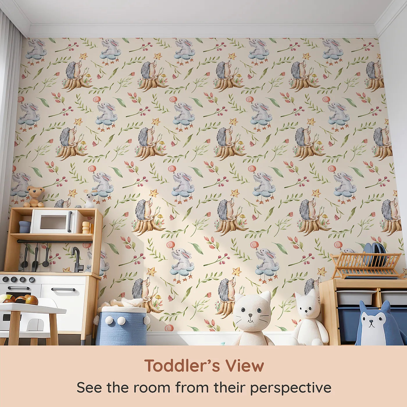 Whimsy Tots Starlight Forest Friends Wallpaper in Blush Pink (W3245C) from your child's view.Hedgehogs and bunnies reach for stars in a magical forest scene.