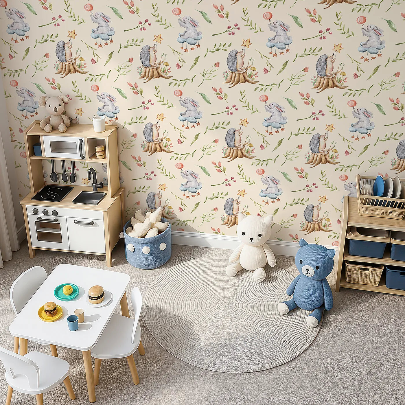 Top-Down view of Whimsy Tots' Starlight Forest Friends Wallpaper in Blush Pink (W3245C).Hedgehogs and bunnies reach for stars in a magical forest scene.