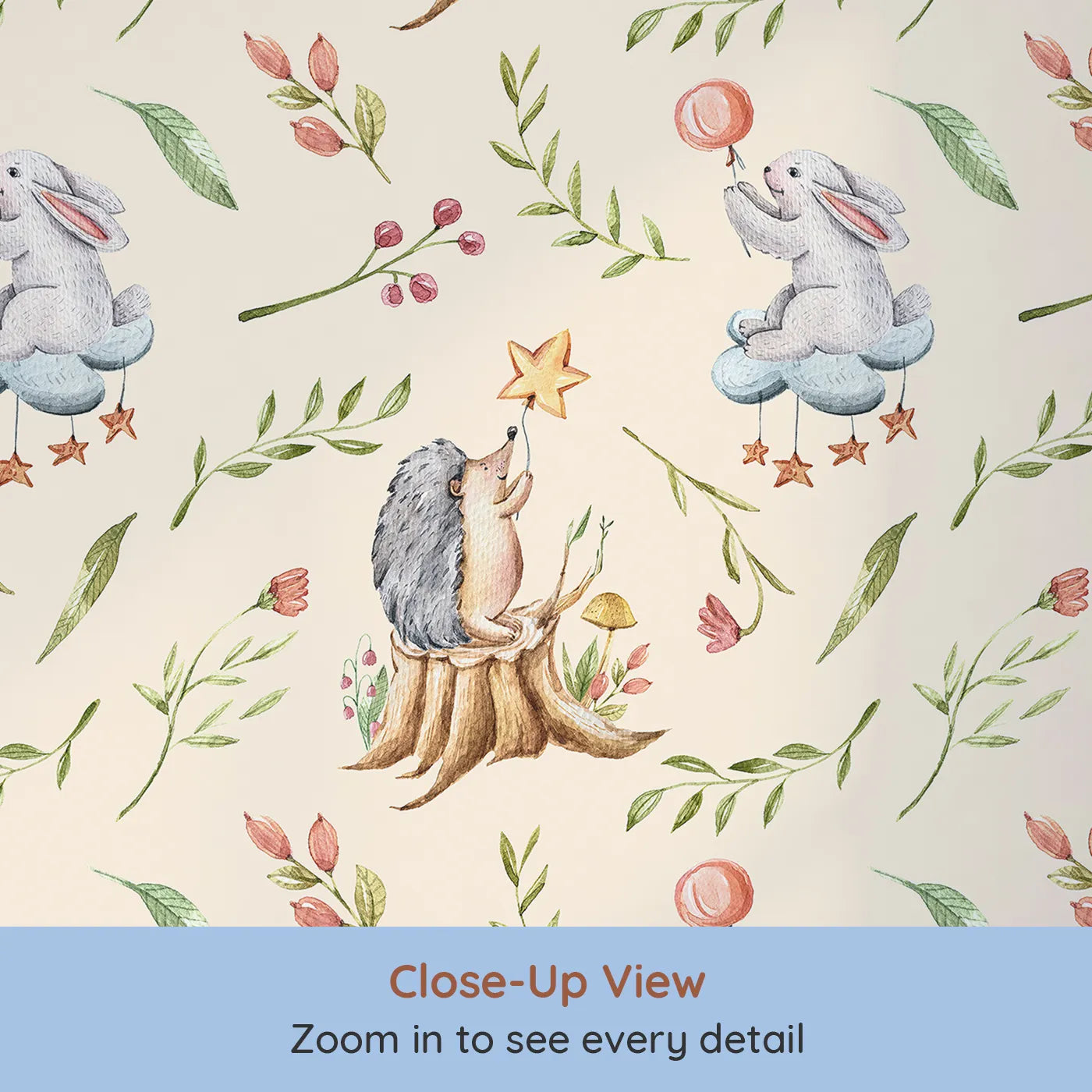 Close-up view of Whimsy Tots' Starlight Forest Friends Wallpaper in Blush Pink (W3245C).Hedgehogs and bunnies reach for stars in a magical forest scene.