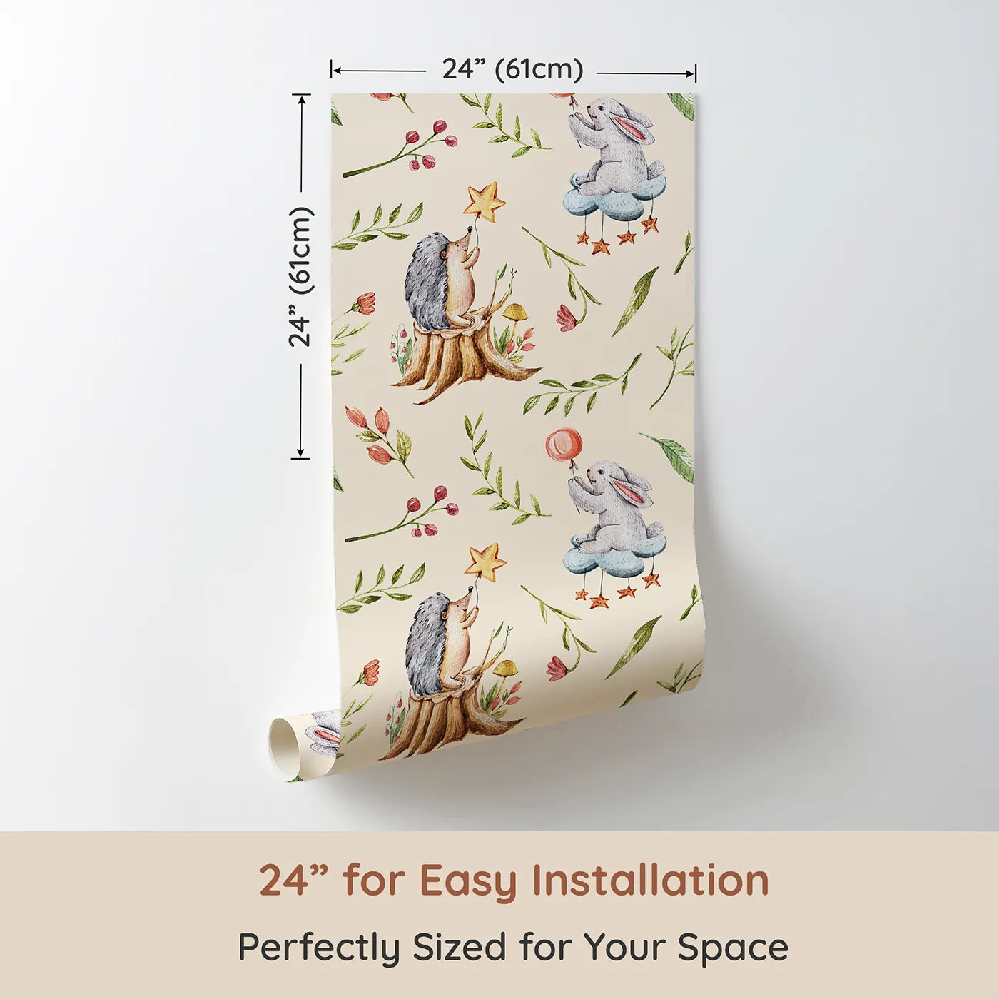 Dimension view of Whimsy Tots Starlight Forest Friends Wallpaper in Blush Pink (W3245C). Printed in 24-inch-wide panel for easy installation. Hedgehogs and bunnies reach for stars in a magical forest scene.