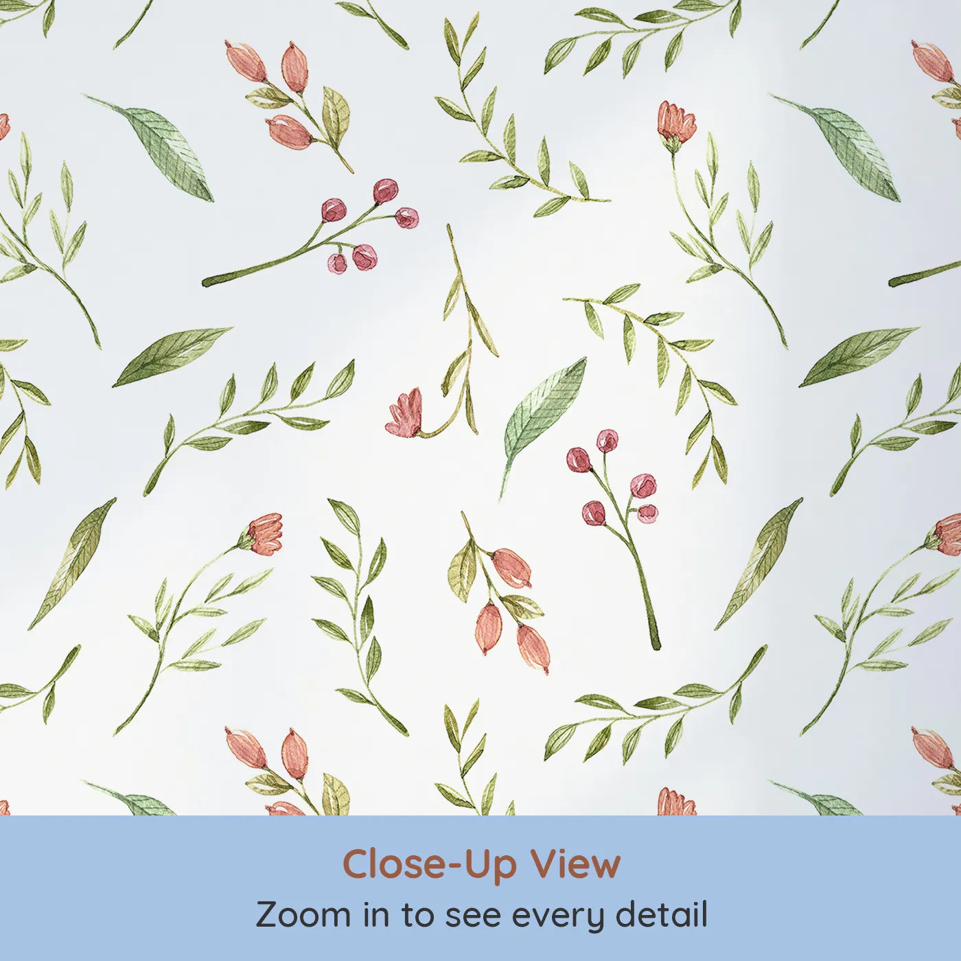 Close-up view of Whimsy Tots' Blossom Meadow Breeze Wallpaper in White (W3246A).Gentle florals and leafy sprigs bring the calm of a blooming meadow.