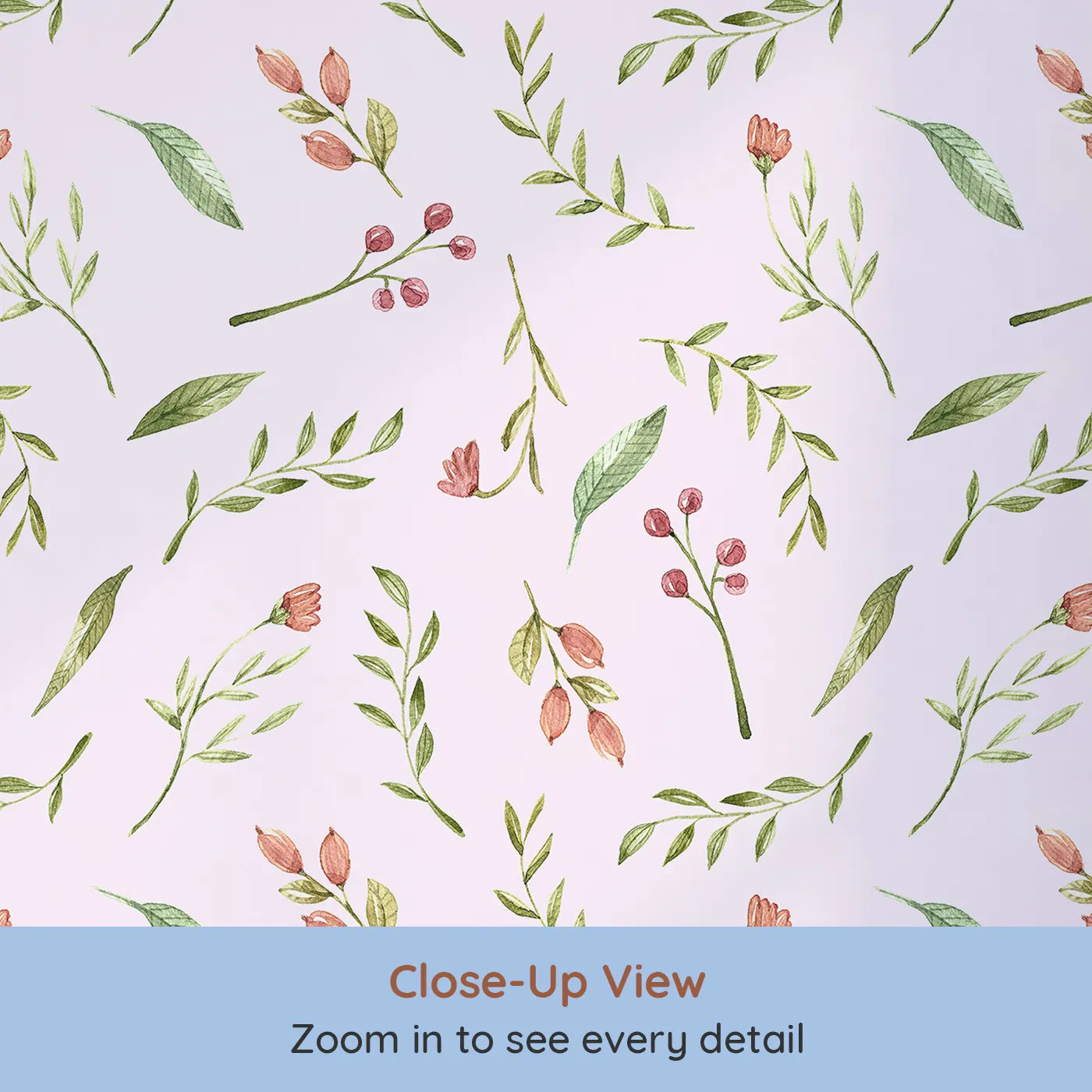 Close-up view of Whimsy Tots' Blossom Meadow Breeze Wallpaper in Blush Pink (W3246B).Gentle florals and leafy sprigs bring the calm of a blooming meadow.