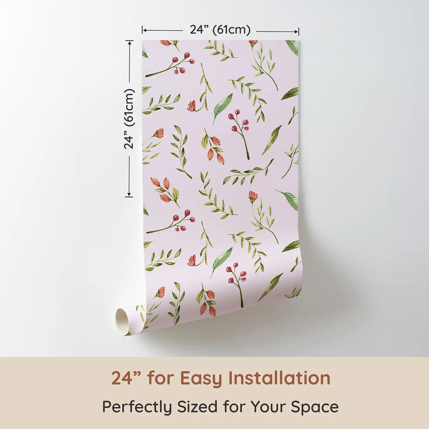 Dimension view of Whimsy Tots Blossom Meadow Breeze Wallpaper in Blush Pink (W3246B). Printed in 24-inch-wide panel for easy installation. Gentle florals and leafy sprigs bring the calm of a blooming meadow.