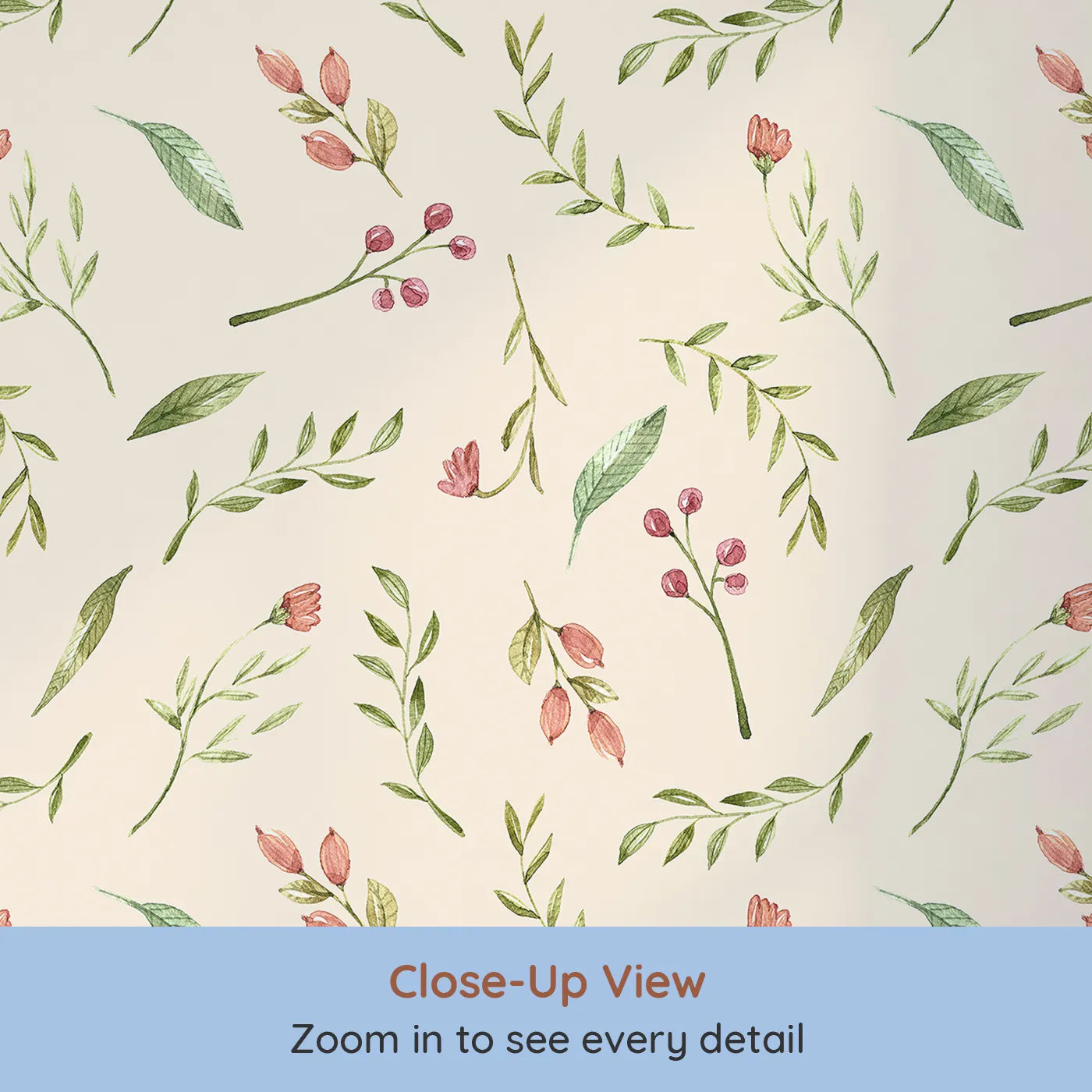 Close-up view of Whimsy Tots' Blossom Meadow Breeze Wallpaper in Cream (W3246C).Gentle florals and leafy sprigs bring the calm of a blooming meadow.