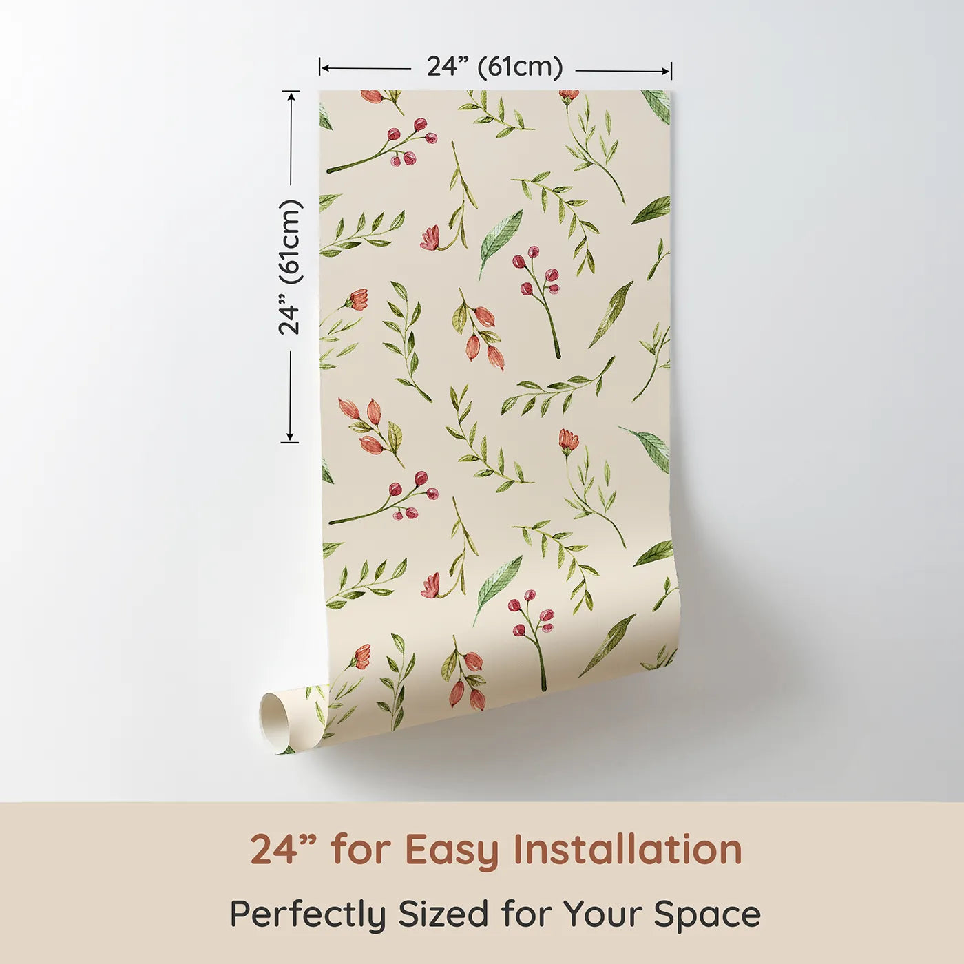 Dimension view of Whimsy Tots Blossom Meadow Breeze Wallpaper in Cream (W3246C). Printed in 24-inch-wide panel for easy installation. Gentle florals and leafy sprigs bring the calm of a blooming meadow.