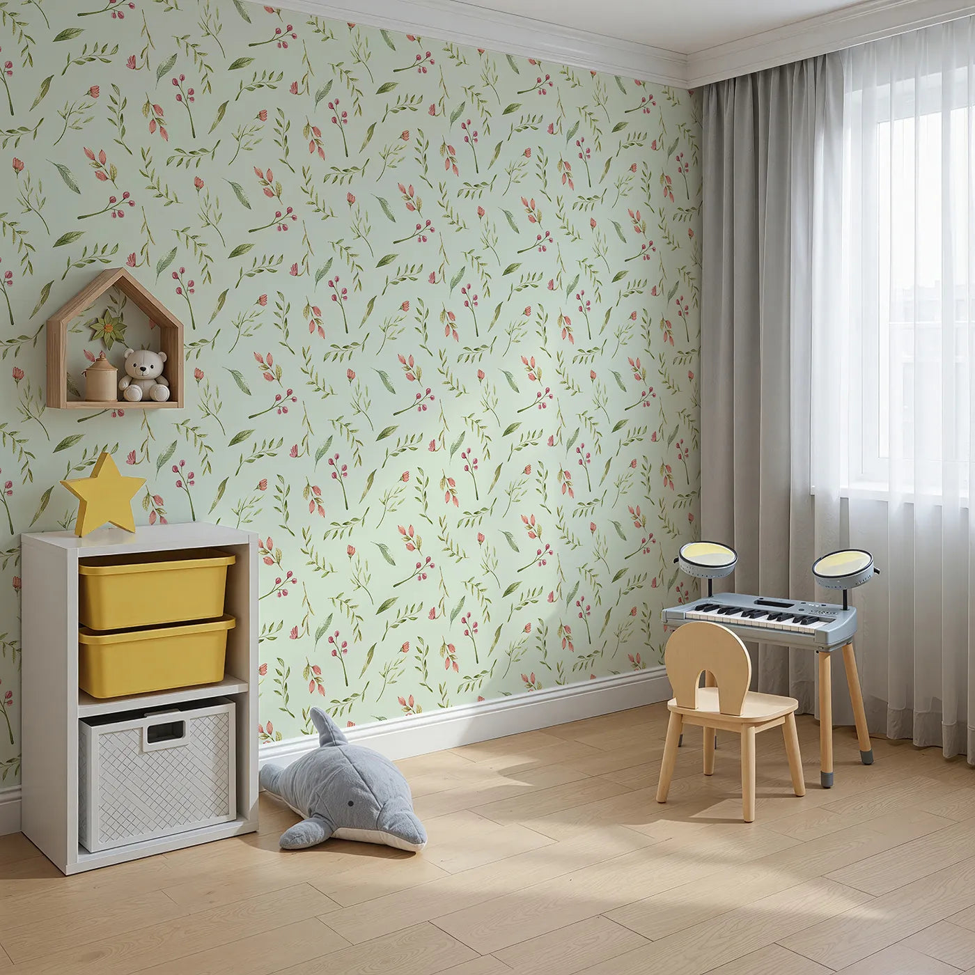 Angled view of Whimsy Tots' Blossom Meadow Breeze Wallpaper in Mint Green (W3246D).Gentle florals and leafy sprigs bring the calm of a blooming meadow.