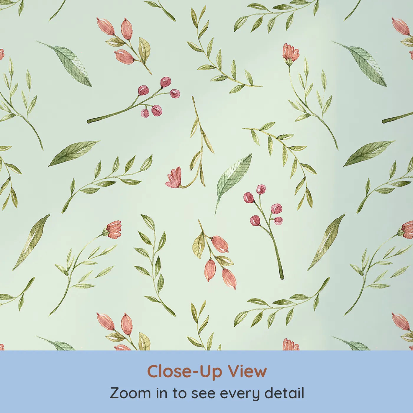Close-up view of Whimsy Tots' Blossom Meadow Breeze Wallpaper in Mint Green (W3246D).Gentle florals and leafy sprigs bring the calm of a blooming meadow.