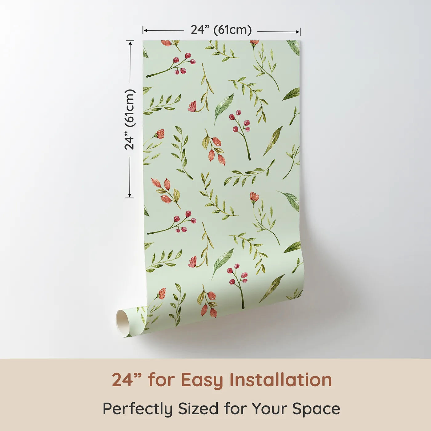 Dimension view of Whimsy Tots Blossom Meadow Breeze Wallpaper in Mint Green (W3246D). Printed in 24-inch-wide panel for easy installation. Gentle florals and leafy sprigs bring the calm of a blooming meadow.