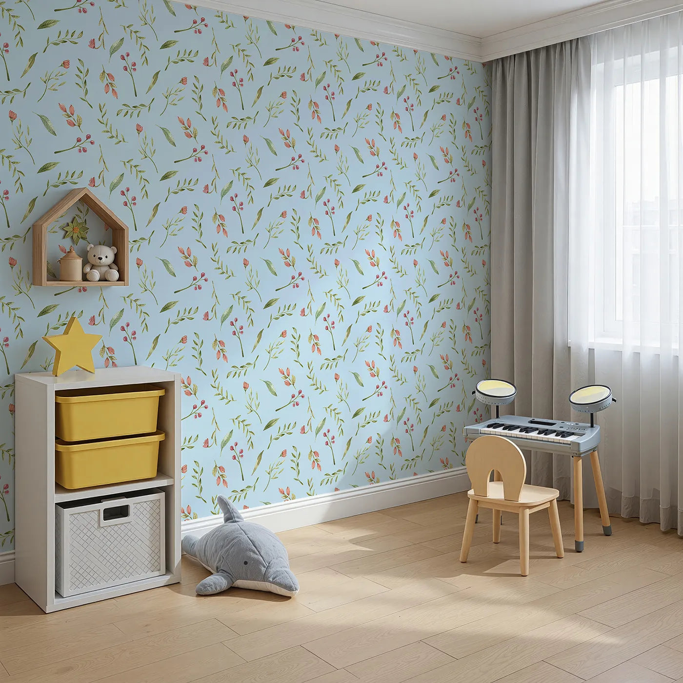 Angled view of Whimsy Tots' Blossom Meadow Breeze Wallpaper in Sky Blue (W3246E).Gentle florals and leafy sprigs bring the calm of a blooming meadow.
