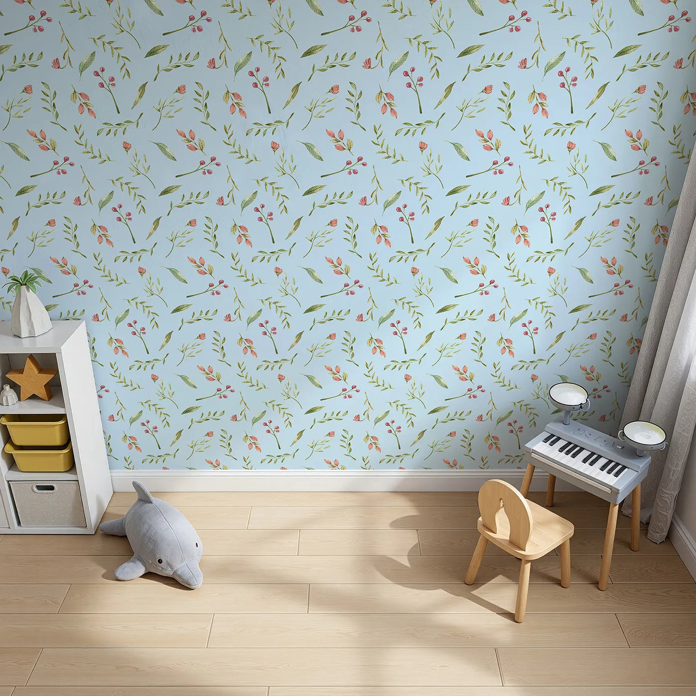 Top-Down view of Whimsy Tots' Blossom Meadow Breeze Wallpaper in Sky Blue (W3246E).Gentle florals and leafy sprigs bring the calm of a blooming meadow.
