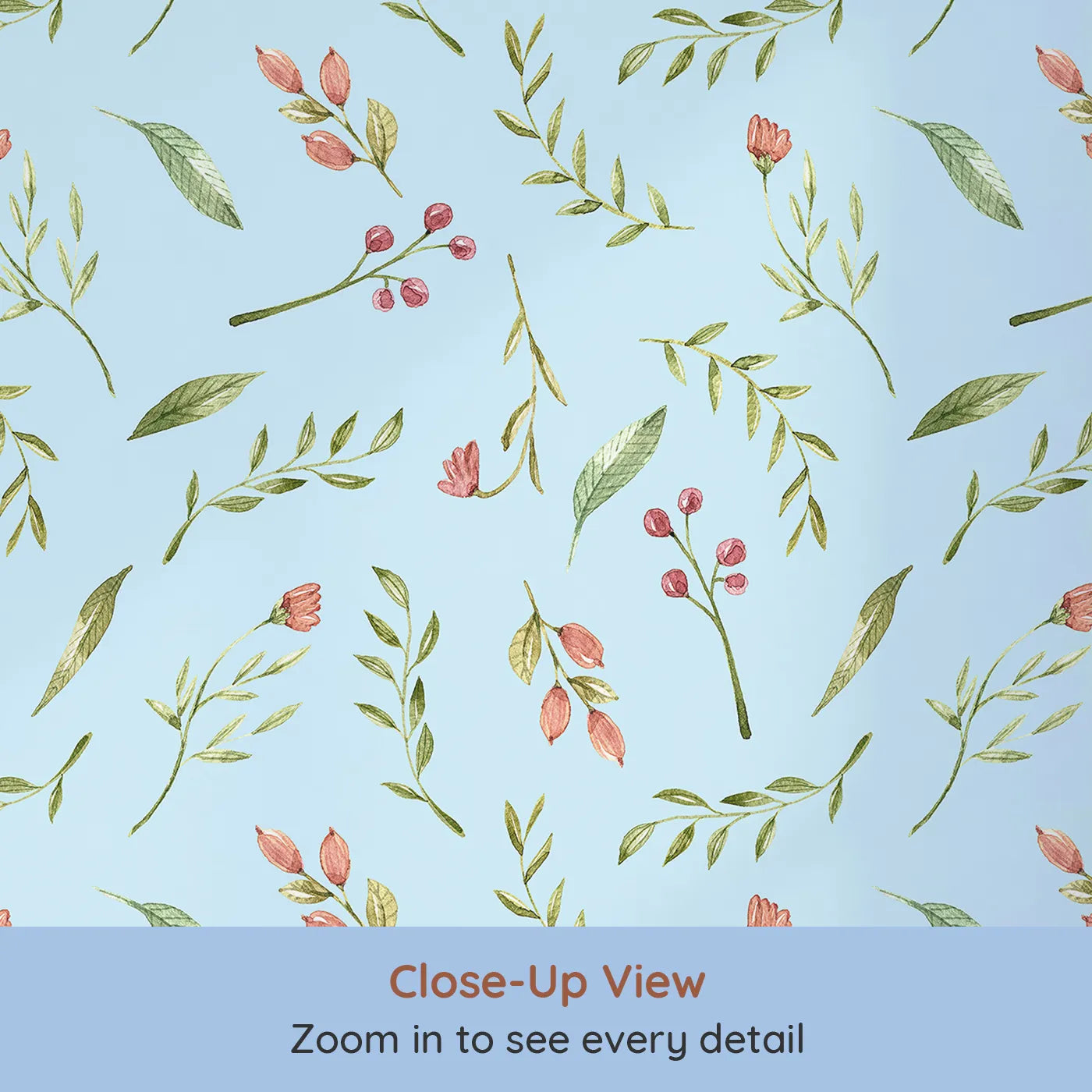 Close-up view of Whimsy Tots' Blossom Meadow Breeze Wallpaper in Sky Blue (W3246E).Gentle florals and leafy sprigs bring the calm of a blooming meadow.