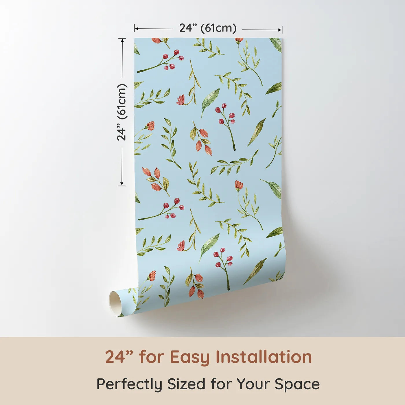 Dimension view of Whimsy Tots Blossom Meadow Breeze Wallpaper in Sky Blue (W3246E). Printed in 24-inch-wide panel for easy installation. Gentle florals and leafy sprigs bring the calm of a blooming meadow.