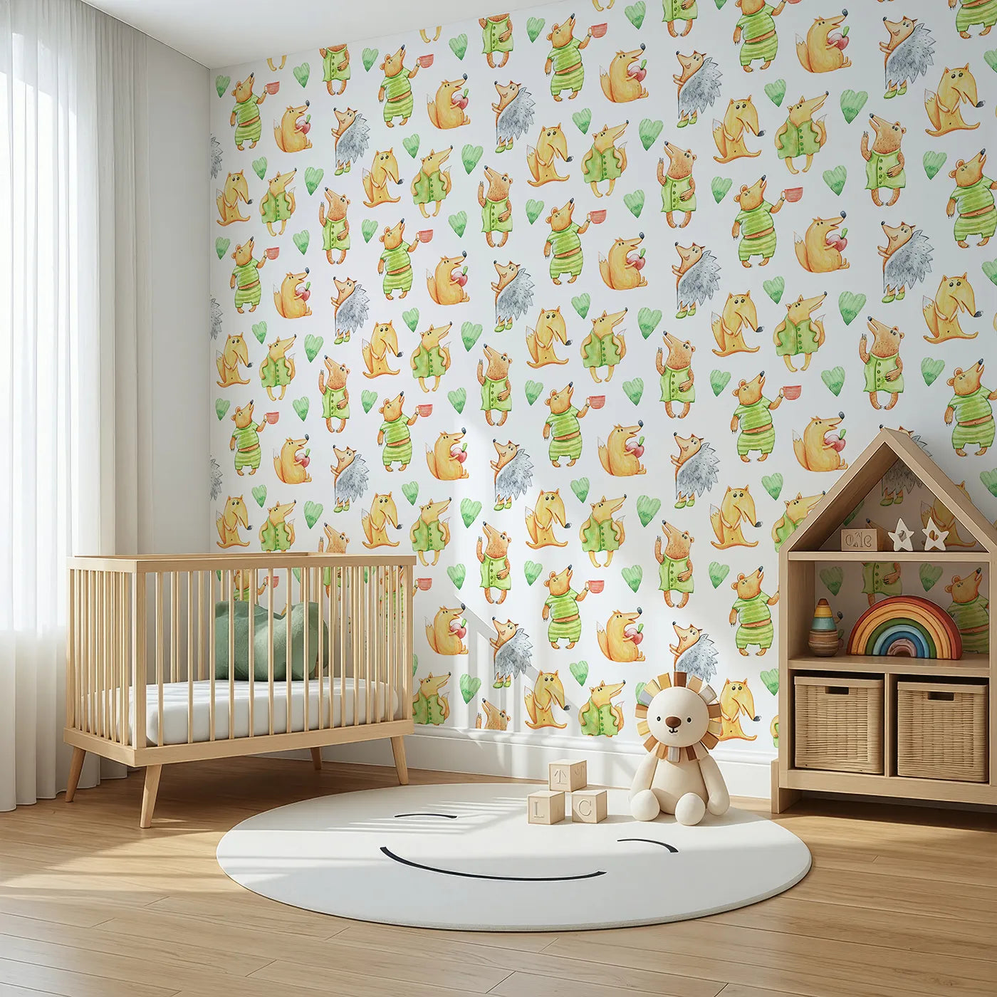 Angled view of Whimsy Tots' Forest Friends Tea Party Wallpaper in White (W3247).Cute cartoon animals share smiles, apples, and tea in a playful forest gathering.
