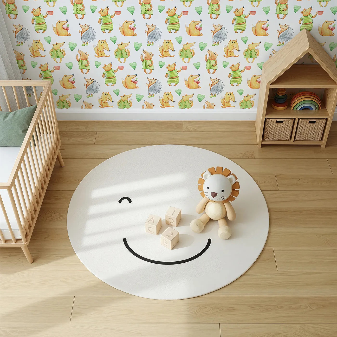 Top-Down view of Whimsy Tots' Forest Friends Tea Party Wallpaper in White (W3247).Cute cartoon animals share smiles, apples, and tea in a playful forest gathering.