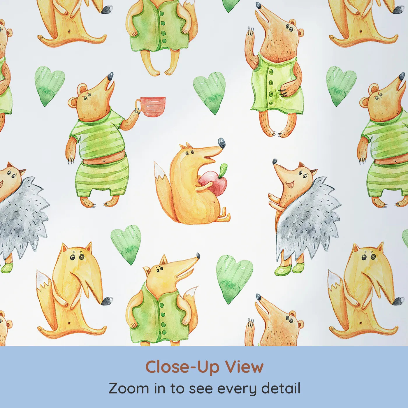 Close-up view of Whimsy Tots' Forest Friends Tea Party Wallpaper in White (W3247).Cute cartoon animals share smiles, apples, and tea in a playful forest gathering.