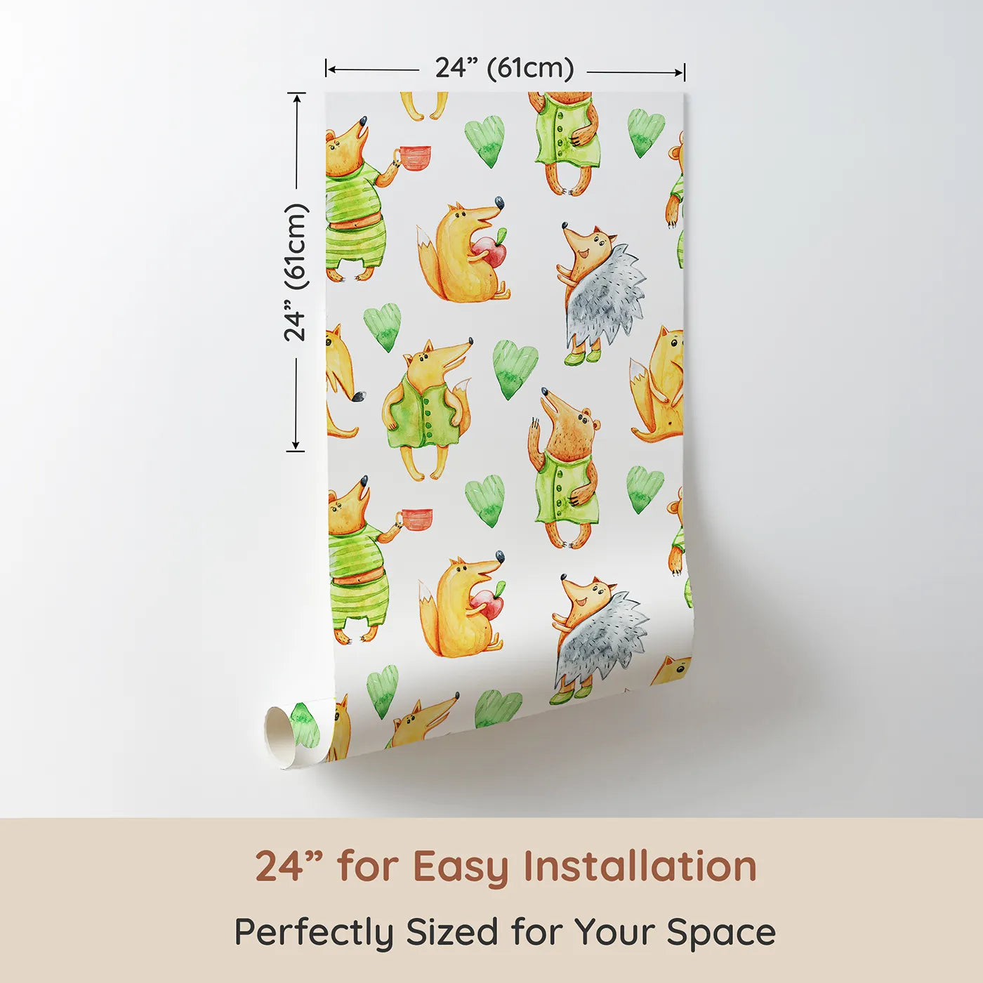 Dimension view of Whimsy Tots Forest Friends Tea Party Wallpaper in White (W3247). Printed in 24-inch-wide panel for easy installation. Cute cartoon animals share smiles, apples, and tea in a playful forest gathering.