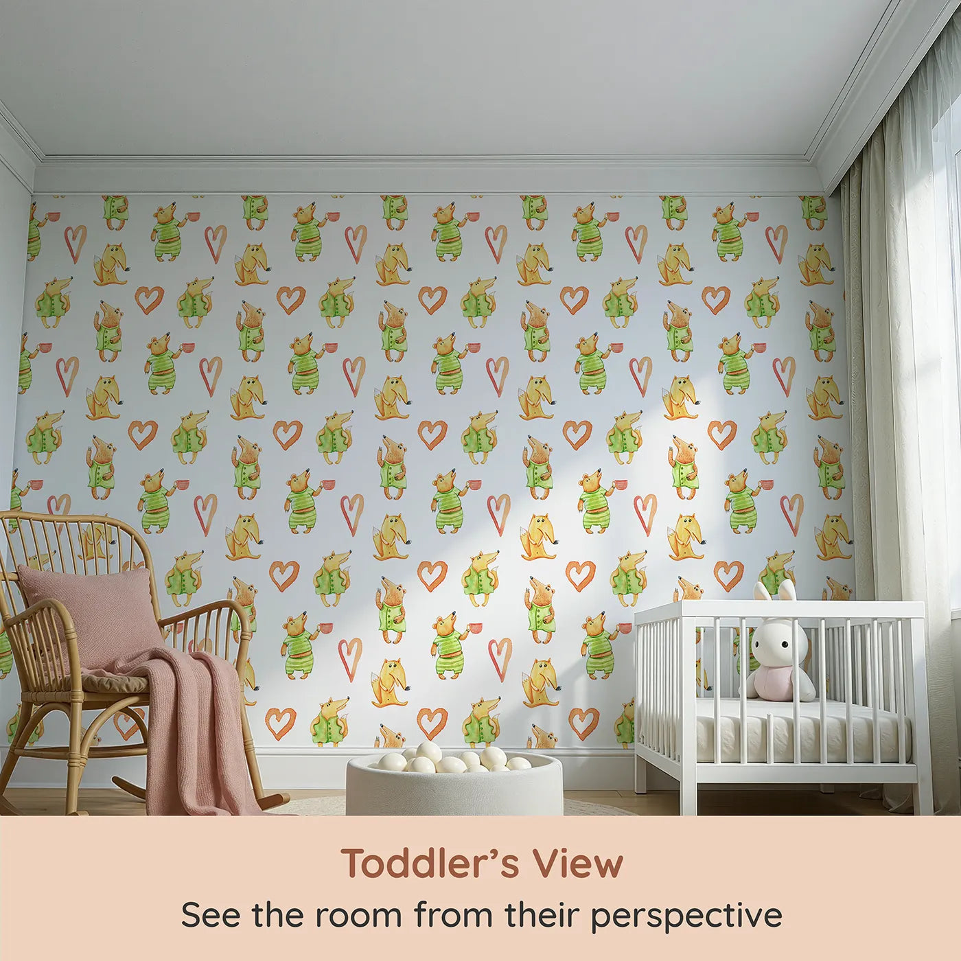 Whimsy Tots Heartwarming Forest Friends Wallpaper (W3248) from your child's view.Foxes and bears share warm cups and watercolor hearts.