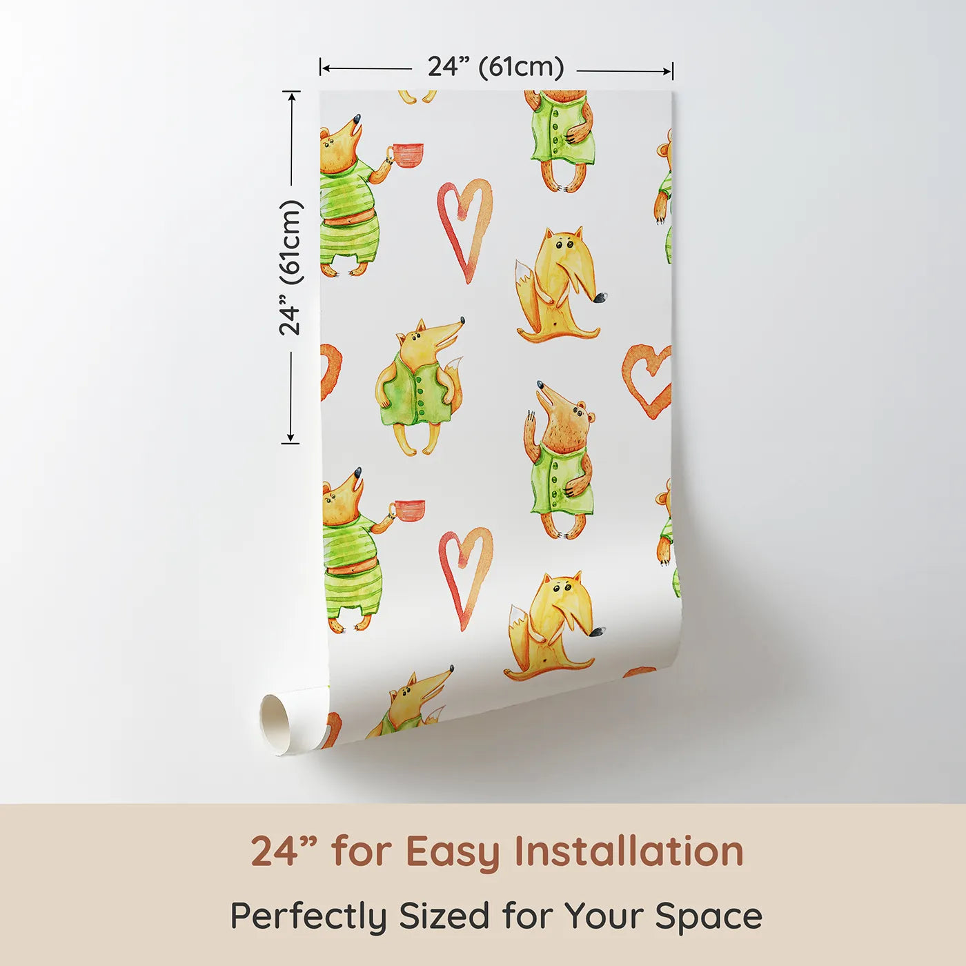 Dimension view of Whimsy Tots Heartwarming Forest Friends Wallpaper (W3248). Printed in 24-inch-wide panel for easy installation. Foxes and bears share warm cups and watercolor hearts.