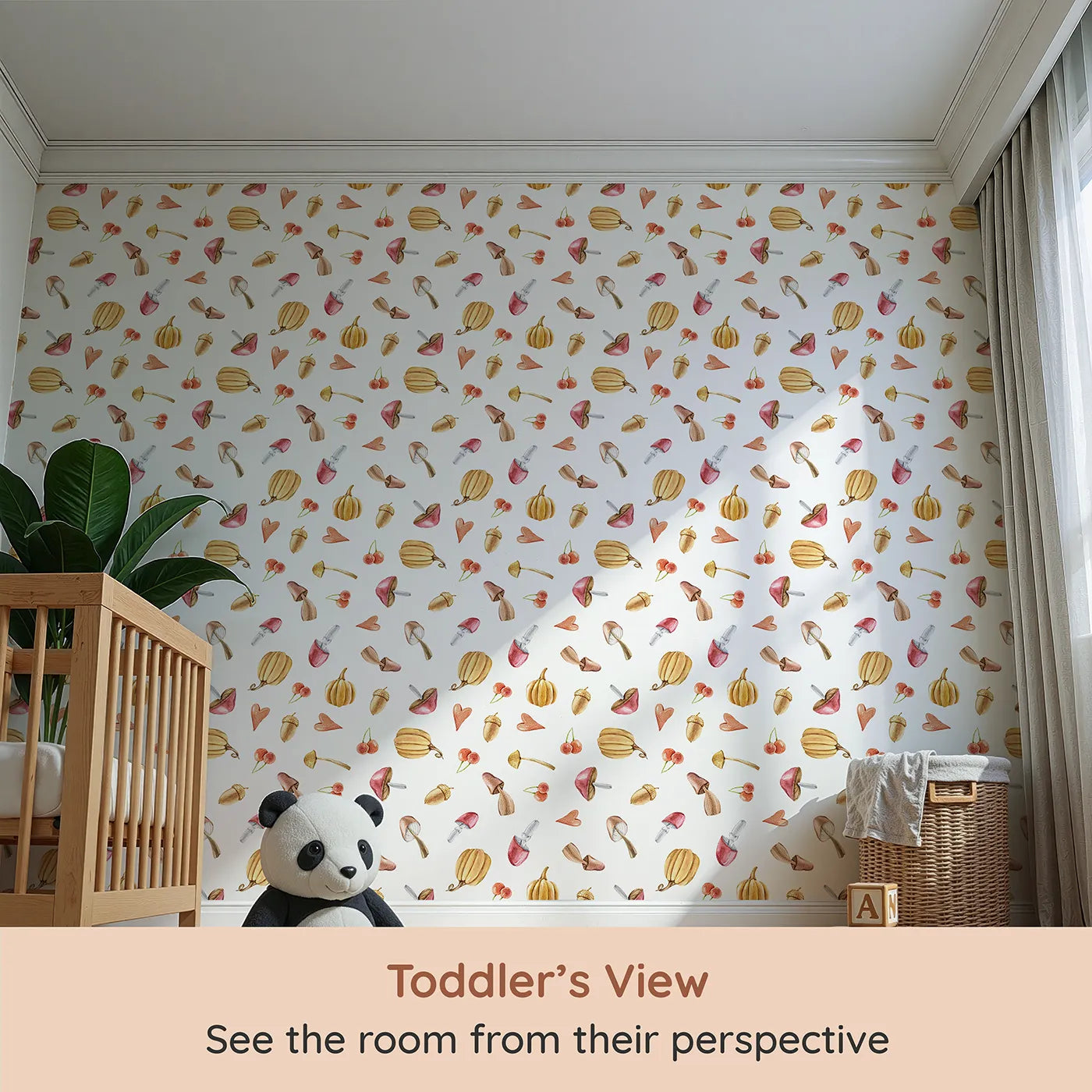 Whimsy Tots Autumn Forage Friends Wallpaper in White (W3249A) from your child's view.Mushrooms, acorns, cherries, and hearts scatter like autumn memories.