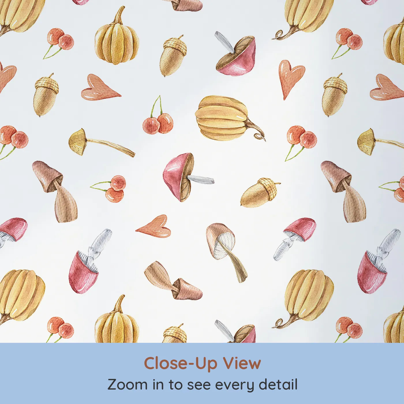 Close-up view of Whimsy Tots' Autumn Forage Friends Wallpaper in White (W3249A).Mushrooms, acorns, cherries, and hearts scatter like autumn memories.