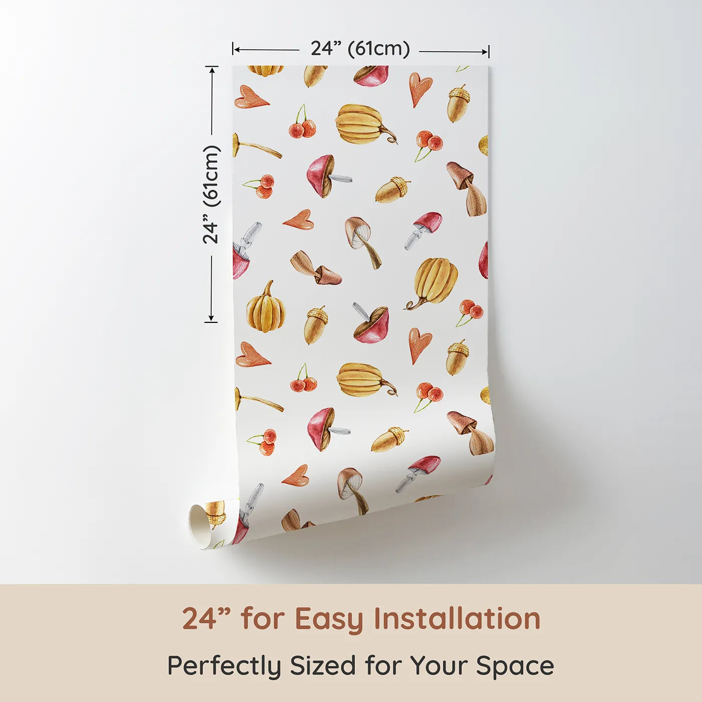 Dimension view of Whimsy Tots Autumn Forage Friends Wallpaper in White (W3249A). Printed in 24-inch-wide panel for easy installation. Mushrooms, acorns, cherries, and hearts scatter like autumn memories.