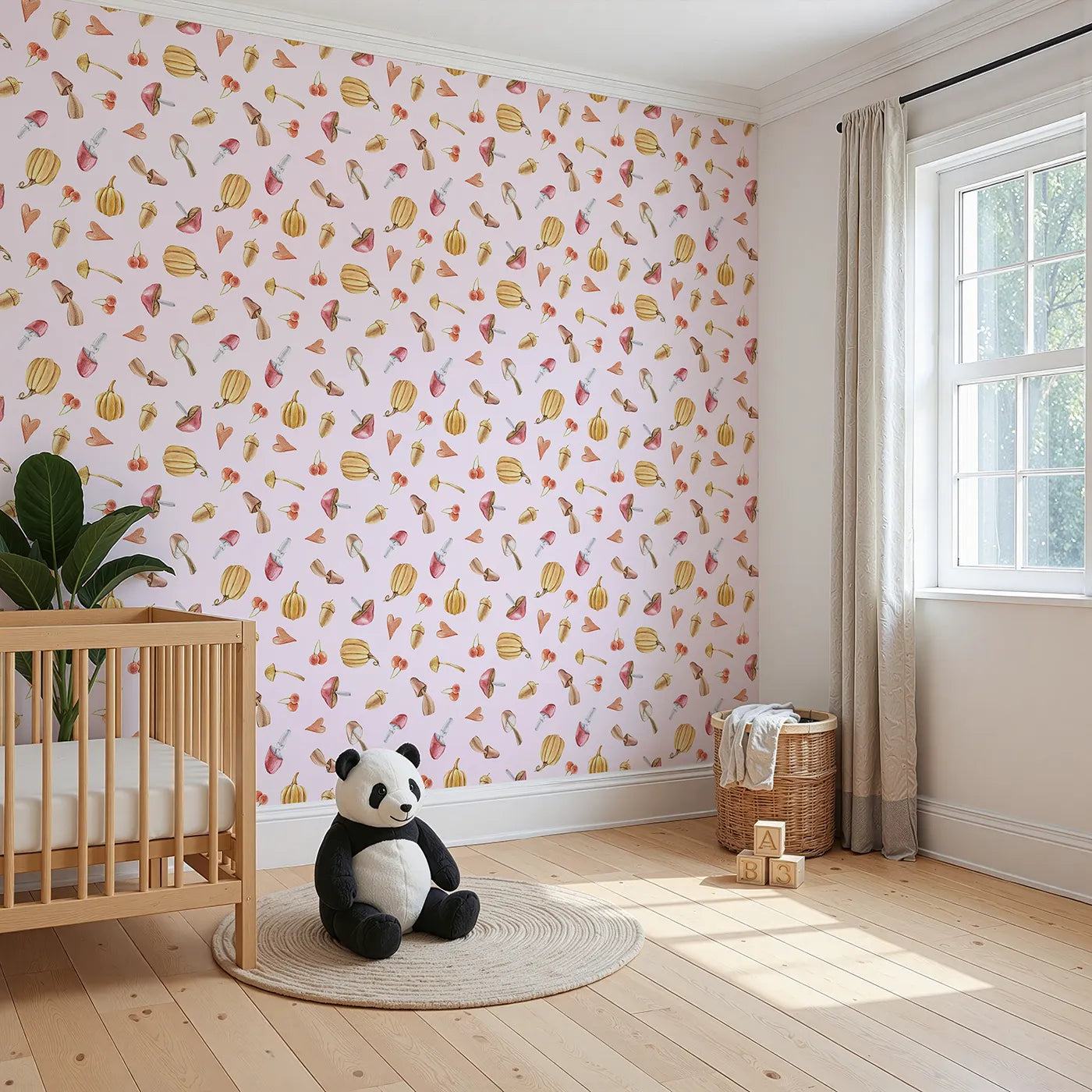 Angled view of Whimsy Tots' Autumn Forage Friends Wallpaper in Blush Pink (W3249B).Mushrooms, acorns, cherries, and hearts scatter like autumn memories.