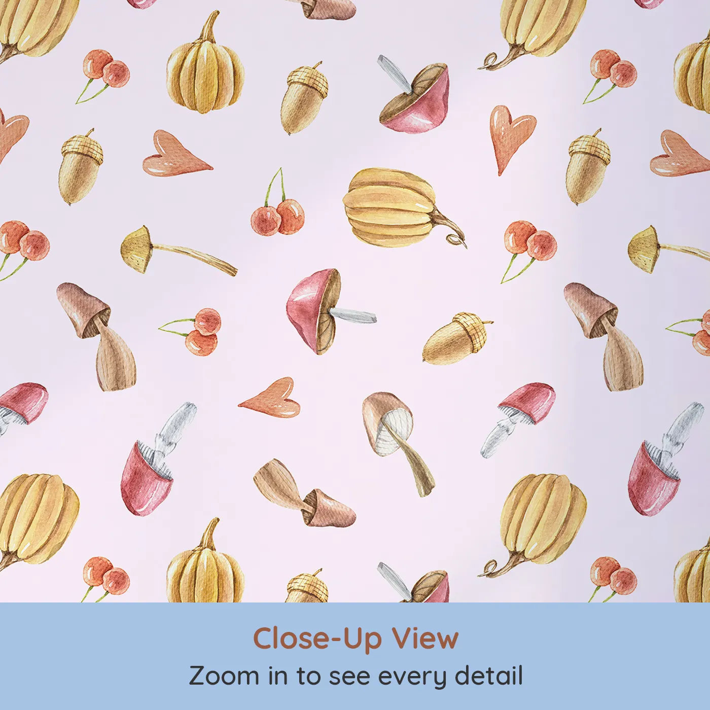 Close-up view of Whimsy Tots' Autumn Forage Friends Wallpaper in Blush Pink (W3249B).Mushrooms, acorns, cherries, and hearts scatter like autumn memories.