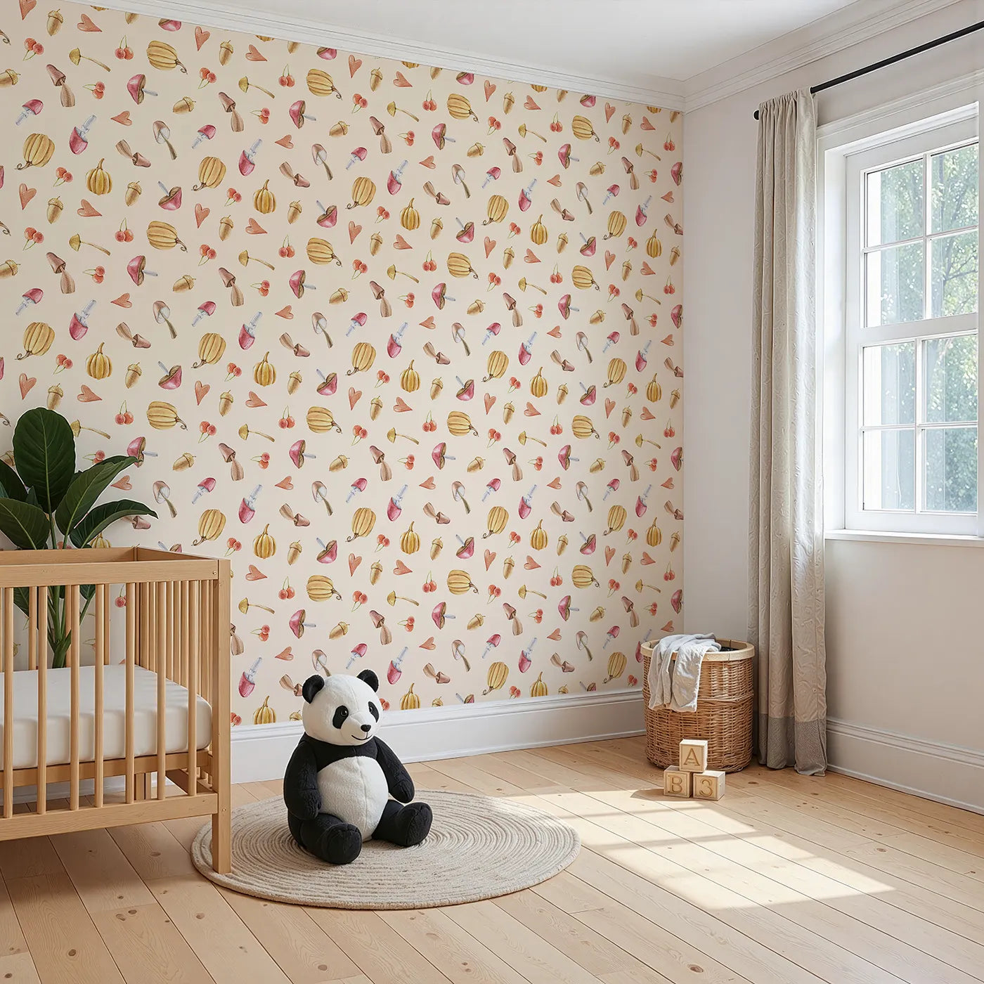 Angled view of Whimsy Tots' Autumn Forage Friends Wallpaper in Cream (W3249C).Mushrooms, acorns, cherries, and hearts scatter like autumn memories.