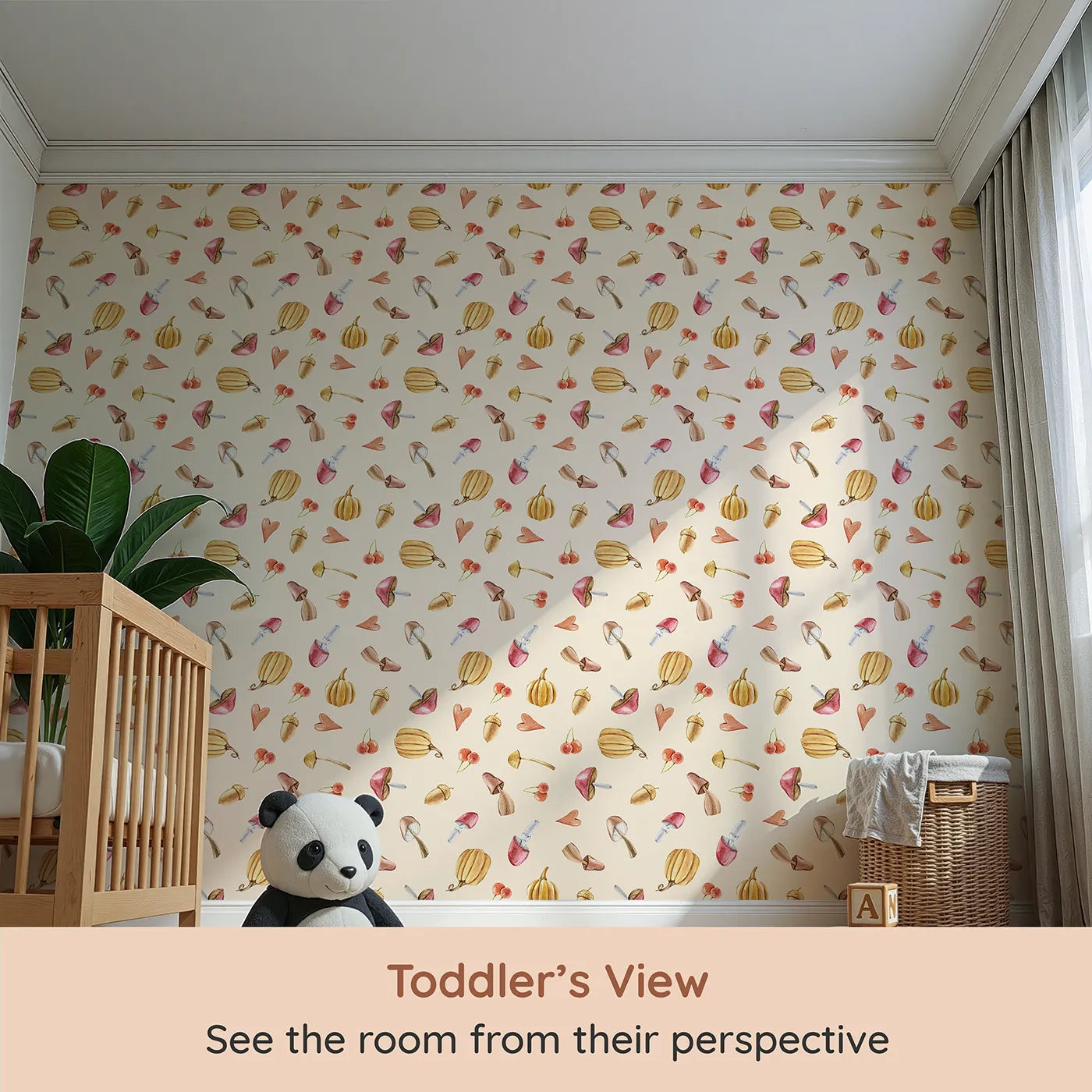 Whimsy Tots Autumn Forage Friends Wallpaper in Cream (W3249C) from your child's view.Mushrooms, acorns, cherries, and hearts scatter like autumn memories.