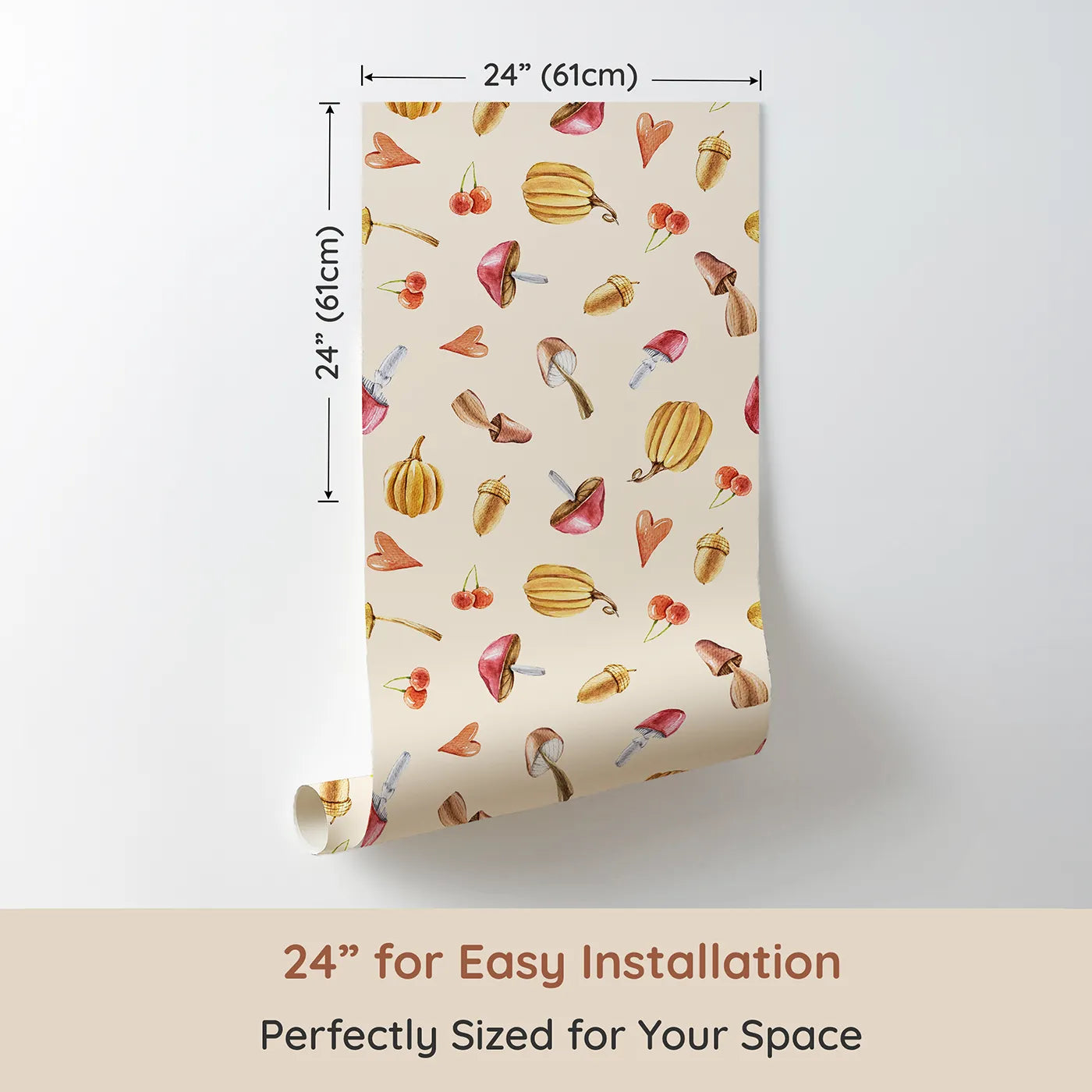 Dimension view of Whimsy Tots Autumn Forage Friends Wallpaper in Cream (W3249C). Printed in 24-inch-wide panel for easy installation. Mushrooms, acorns, cherries, and hearts scatter like autumn memories.